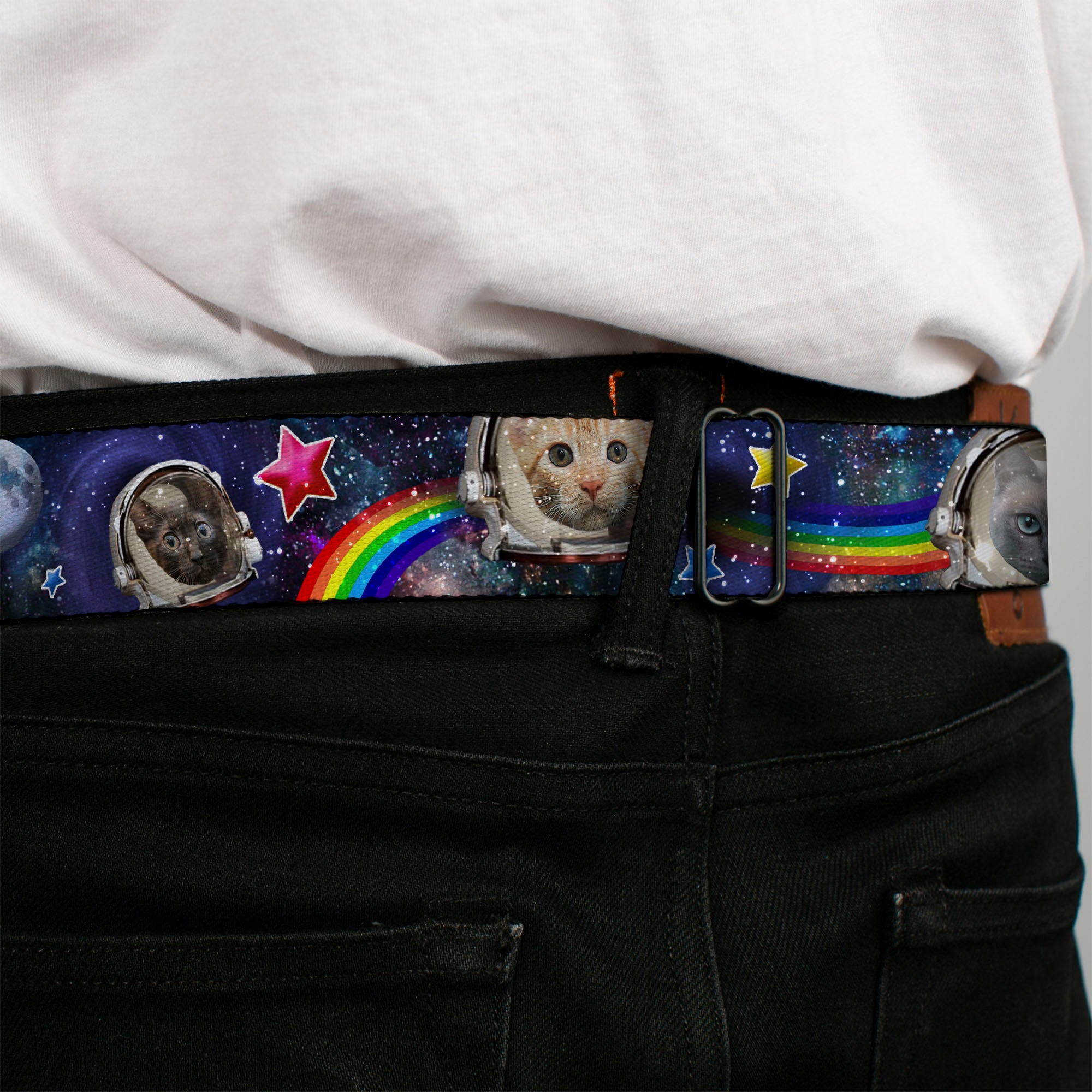 BD Wings Logo CLOSE-UP Full Color Black Silver Seatbelt Belt - Astronaut Cats in Space/Rainbows/Stars Webbing Seatbelt Belts Buckle-Down