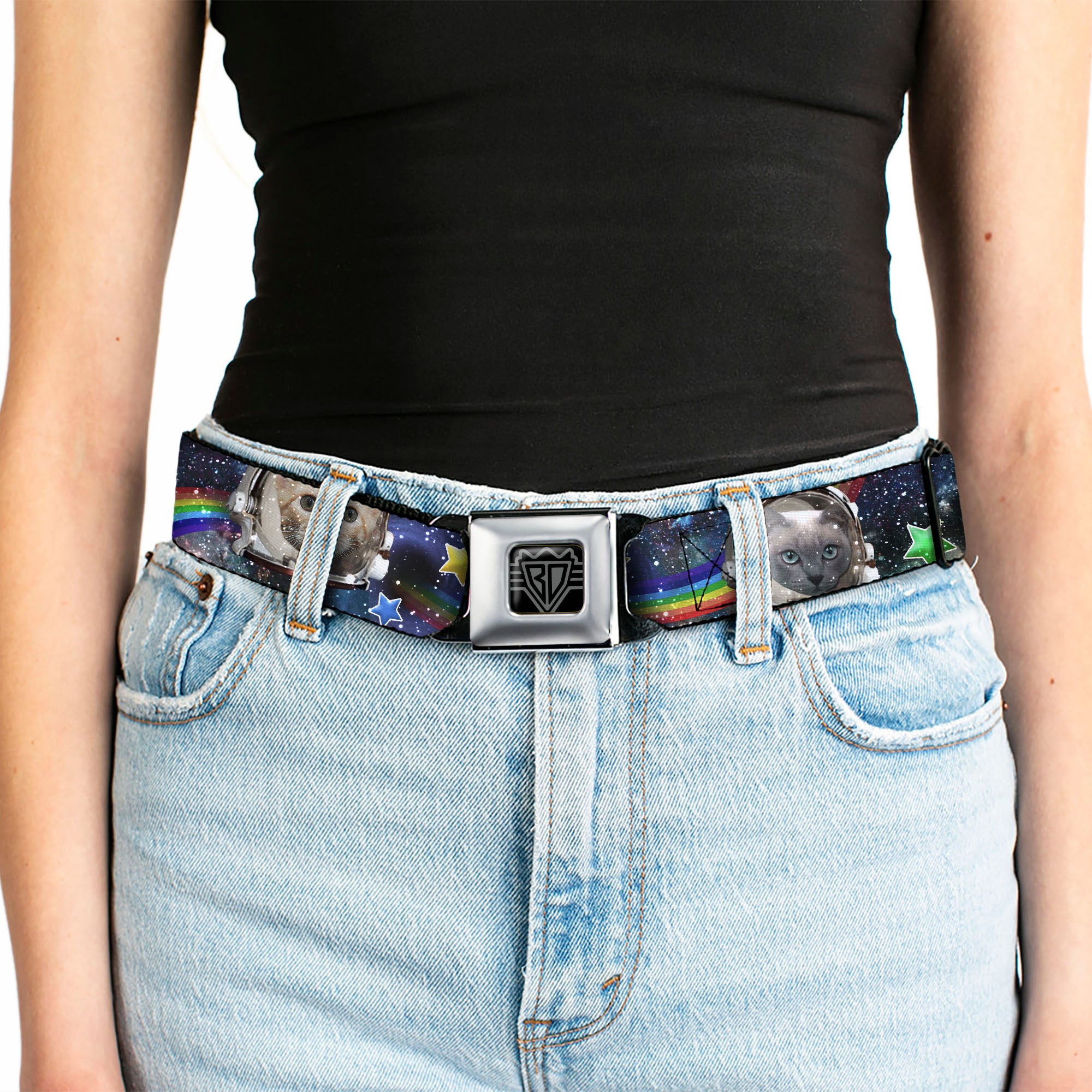 BD Wings Logo CLOSE-UP Full Color Black Silver Seatbelt Belt - Astronaut Cats in Space/Rainbows/Stars Webbing Seatbelt Belts Buckle-Down