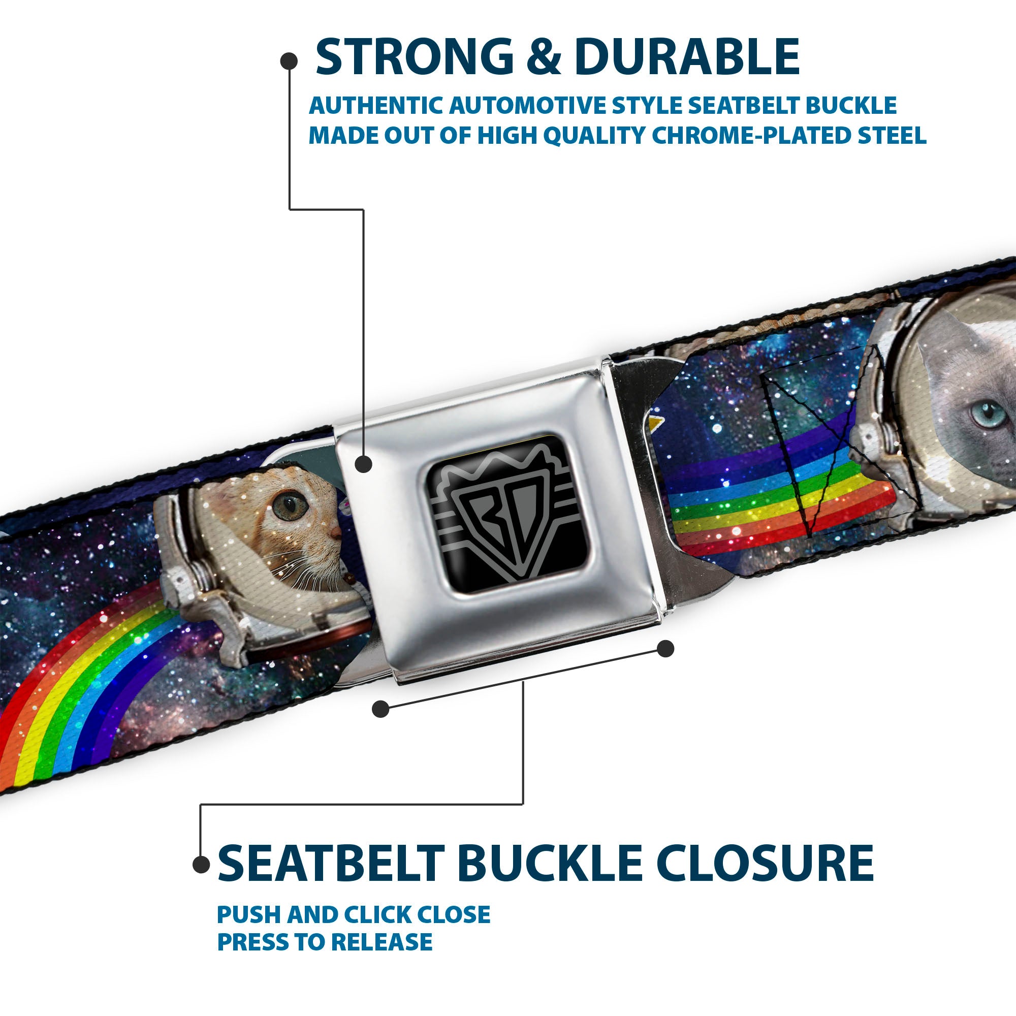 BD Wings Logo CLOSE-UP Full Color Black Silver Seatbelt Belt - Astronaut Cats in Space/Rainbows/Stars Webbing Seatbelt Belts Buckle-Down