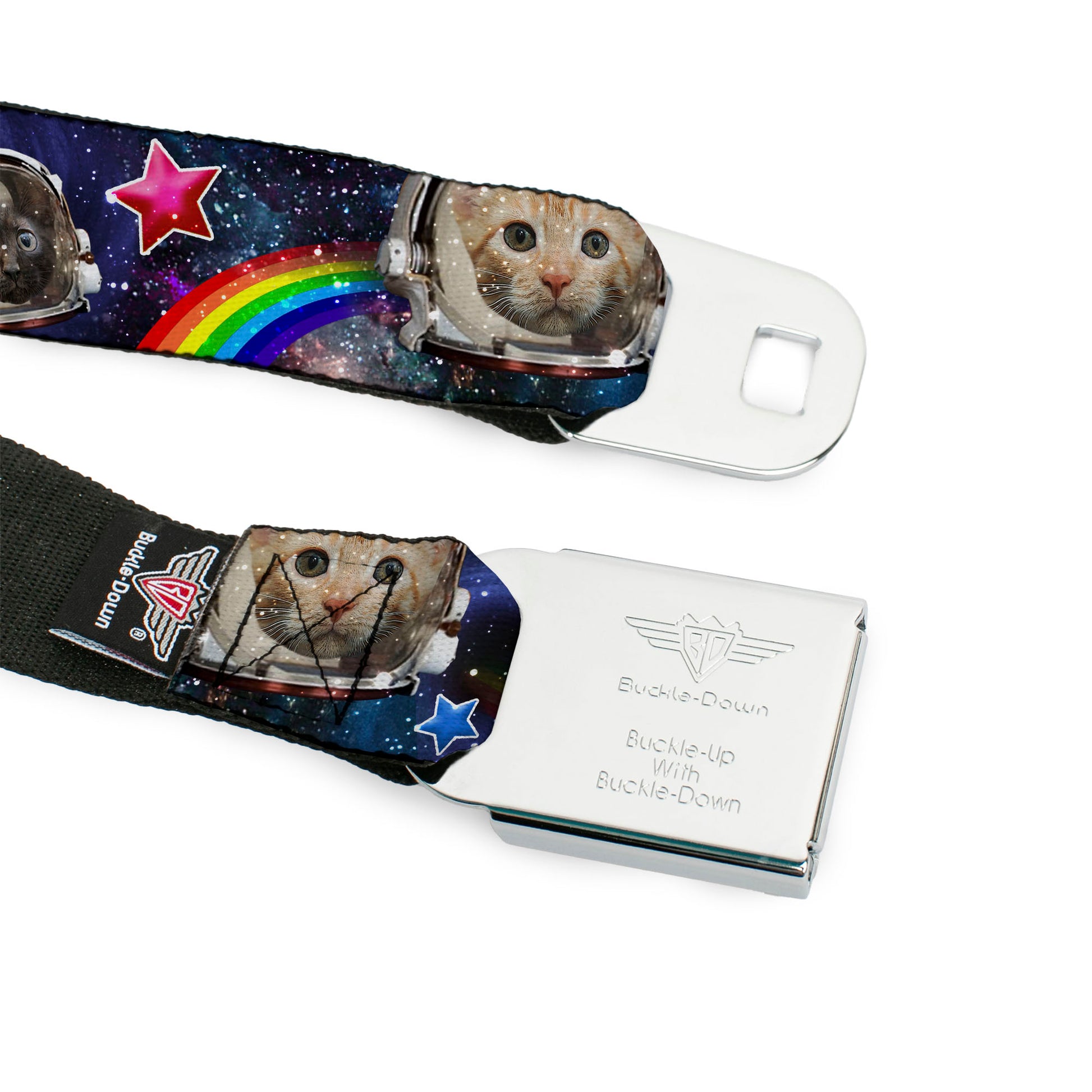 BD Wings Logo CLOSE-UP Full Color Black Silver Seatbelt Belt - Astronaut Cats in Space/Rainbows/Stars Webbing Seatbelt Belts Buckle-Down