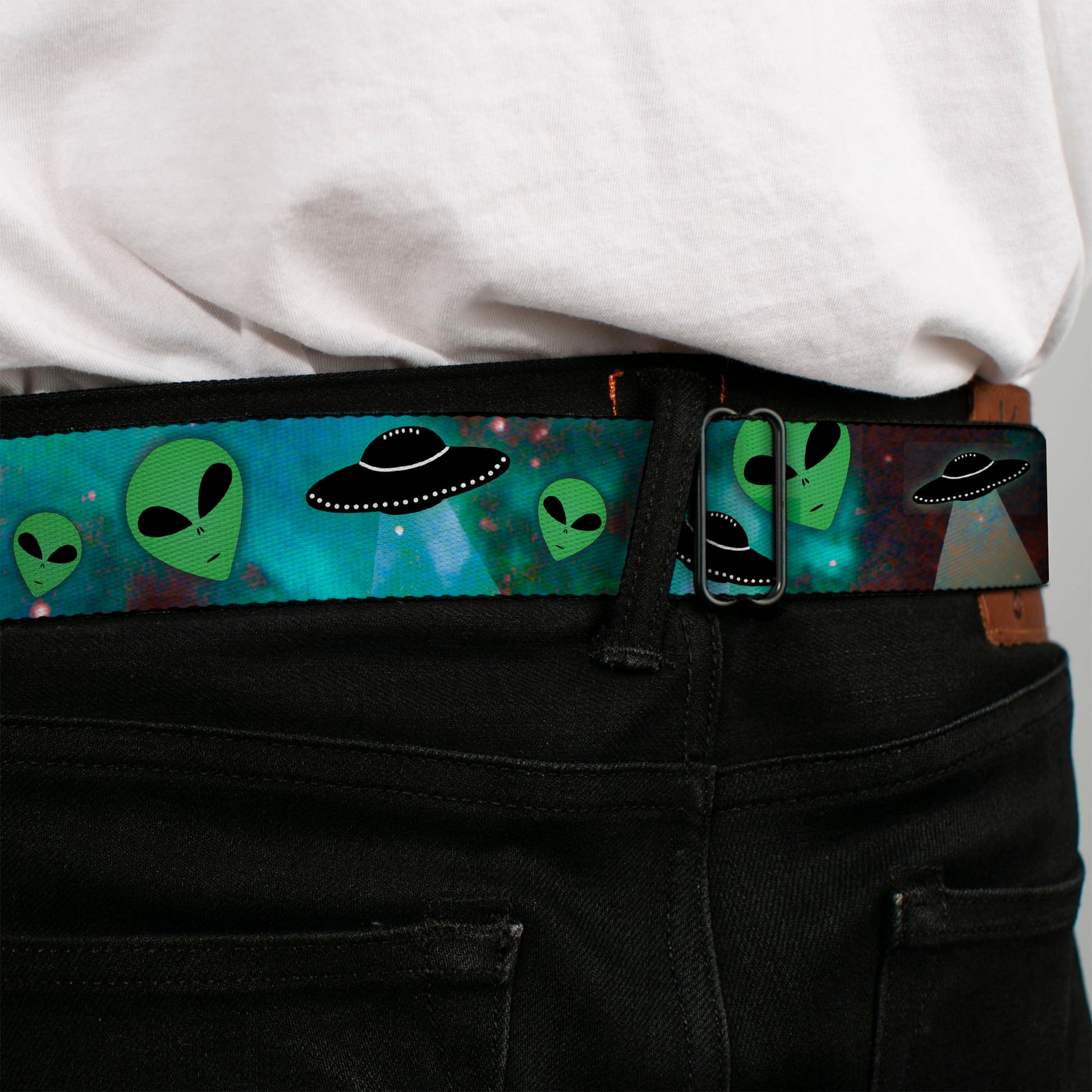 BD Wings Logo CLOSE-UP Full Color Black Silver Seatbelt Belt - Aliens & UFO's Galaxy/Green/Black/White Webbing Seatbelt Belts Buckle-Down