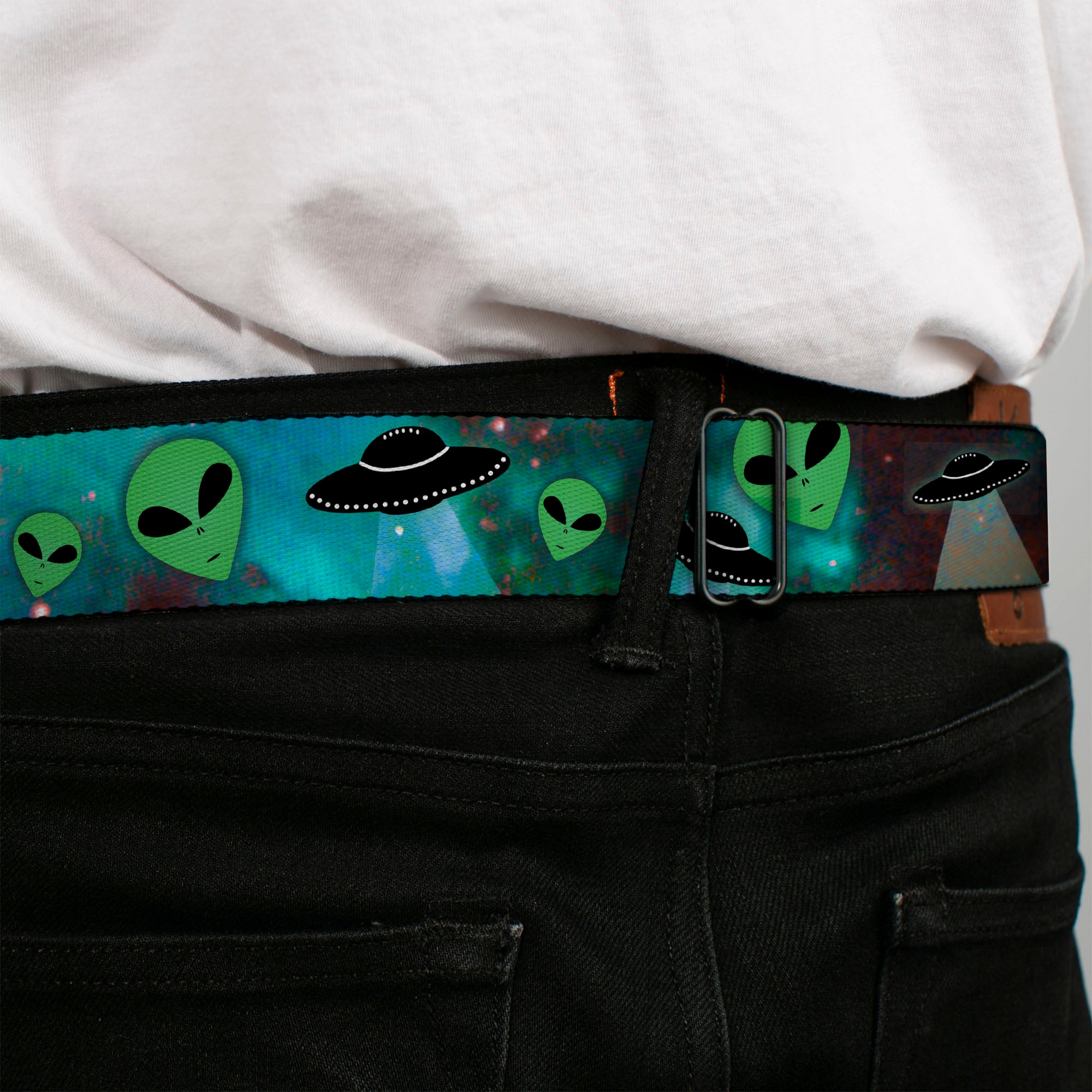 BD Wings Logo CLOSE-UP Full Color Black Silver Seatbelt Belt - Aliens & UFO's Galaxy/Green/Black/White Webbing Seatbelt Belts Buckle-Down