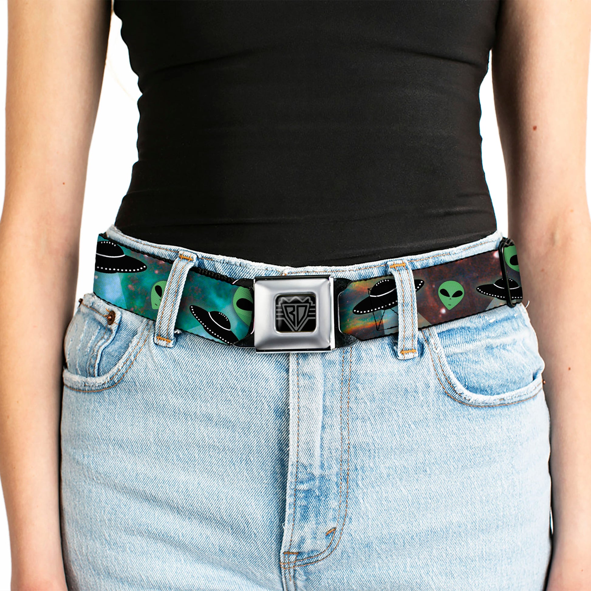 BD Wings Logo CLOSE-UP Full Color Black Silver Seatbelt Belt - Aliens & UFO's Galaxy/Green/Black/White Webbing Seatbelt Belts Buckle-Down