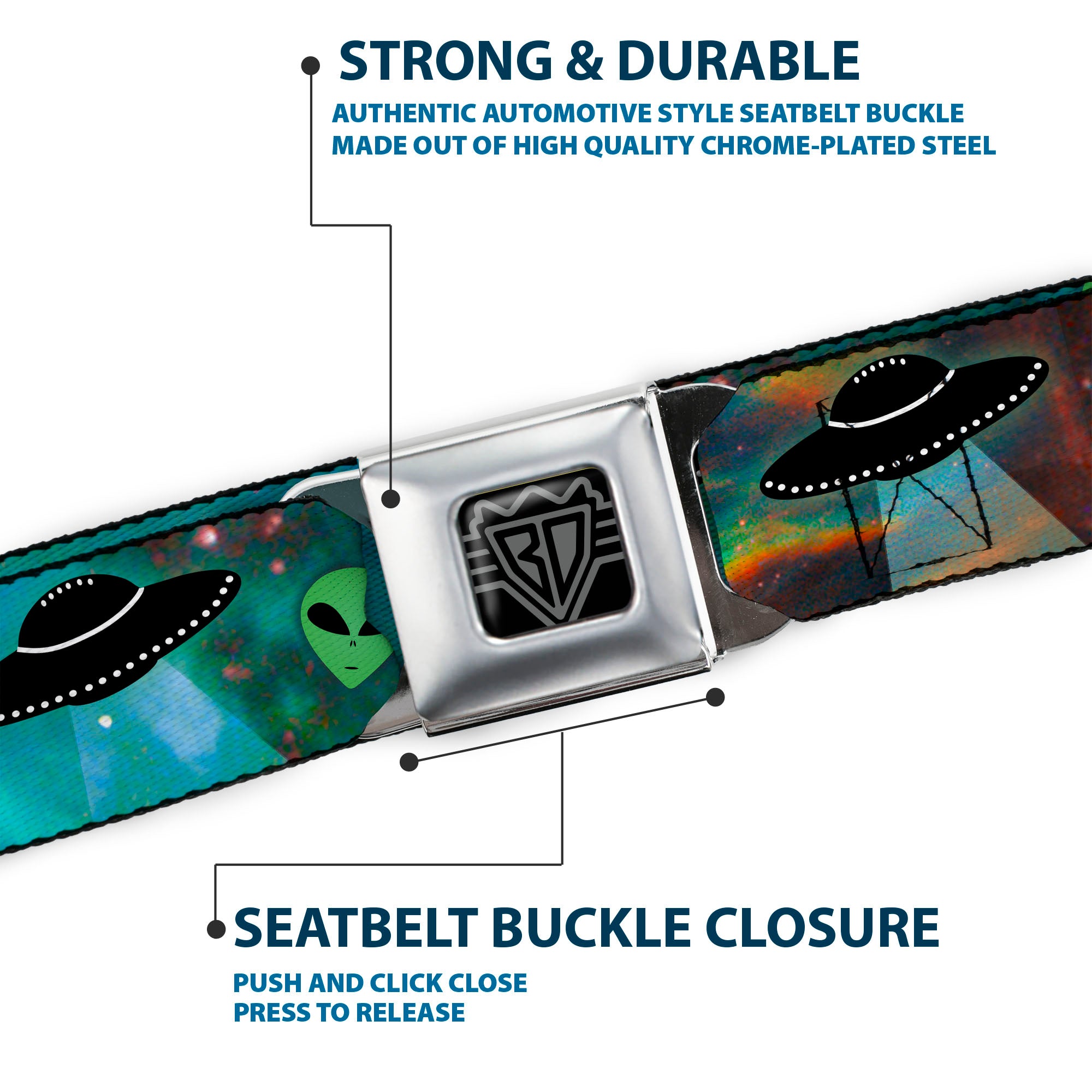 BD Wings Logo CLOSE-UP Full Color Black Silver Seatbelt Belt - Aliens & UFO's Galaxy/Green/Black/White Webbing Seatbelt Belts Buckle-Down