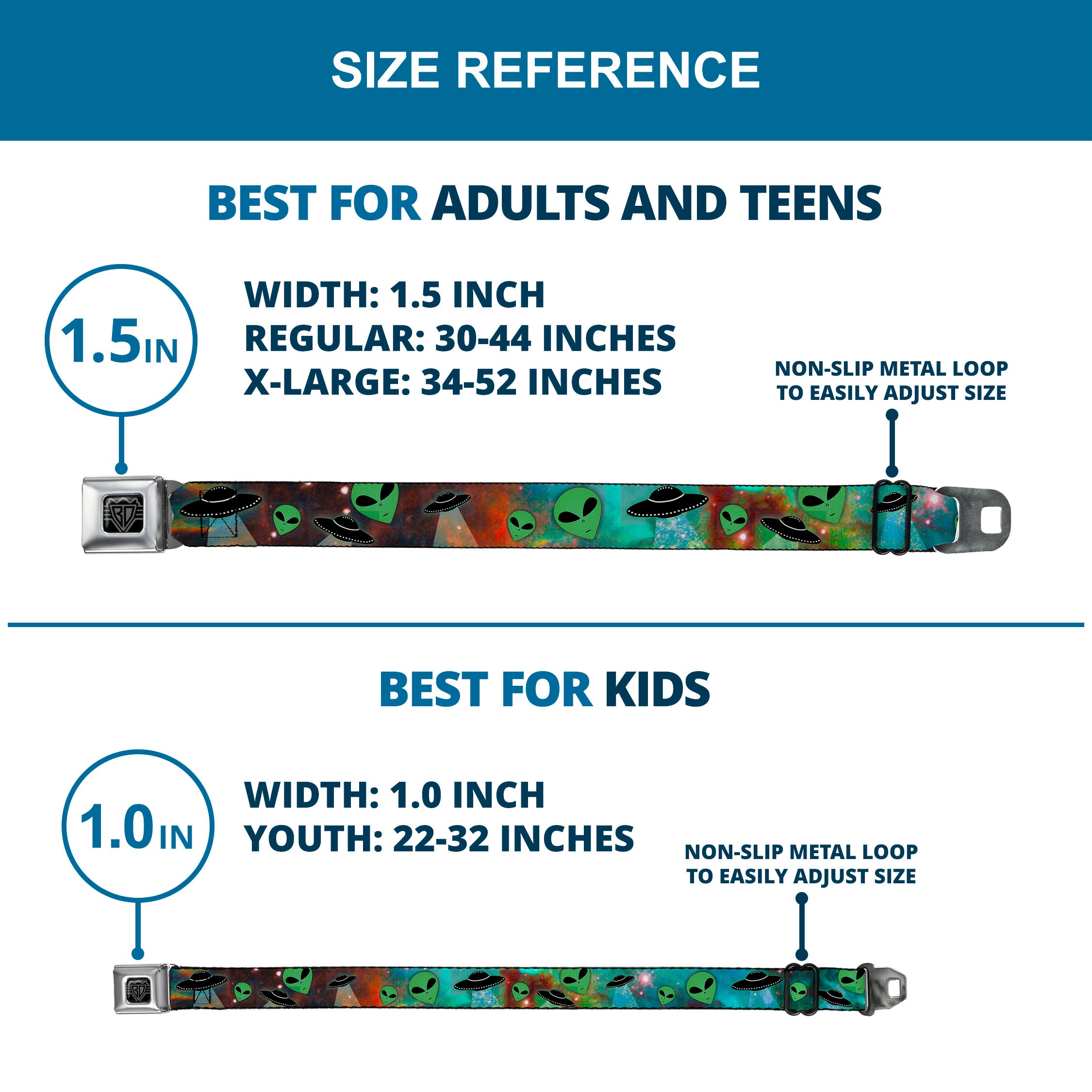 BD Wings Logo CLOSE-UP Full Color Black Silver Seatbelt Belt - Aliens & UFO's Galaxy/Green/Black/White Webbing Seatbelt Belts Buckle-Down