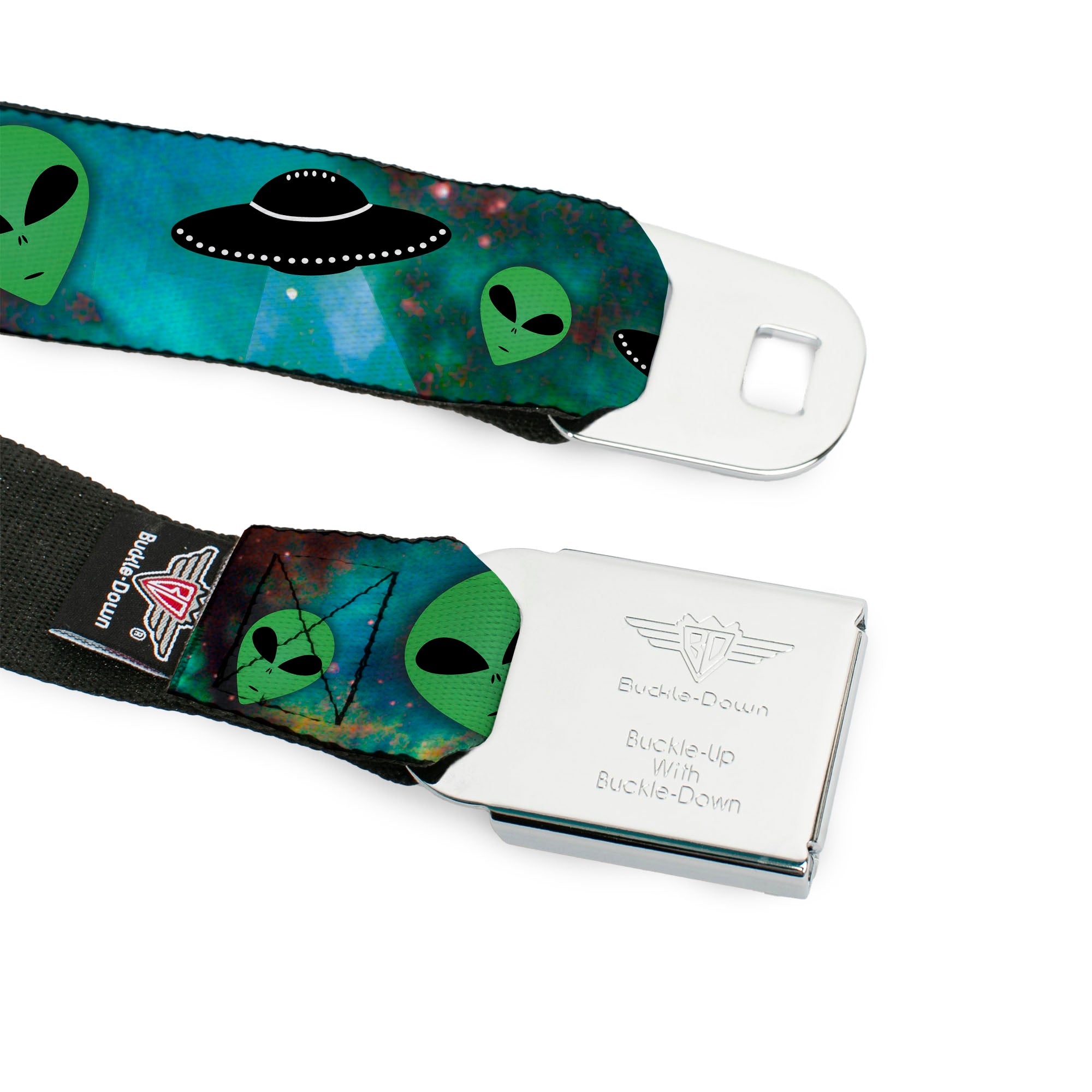BD Wings Logo CLOSE-UP Full Color Black Silver Seatbelt Belt - Aliens & UFO's Galaxy/Green/Black/White Webbing Seatbelt Belts Buckle-Down