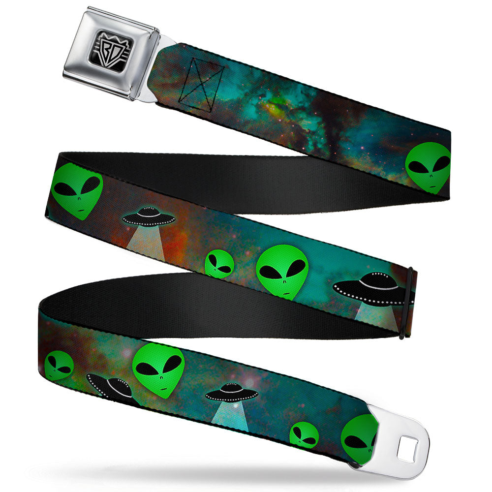 BD Wings Logo CLOSE-UP Full Color Black Silver Seatbelt Belt - Aliens & UFO's Galaxy/Green/Black/White Webbing Seatbelt Belts Buckle-Down