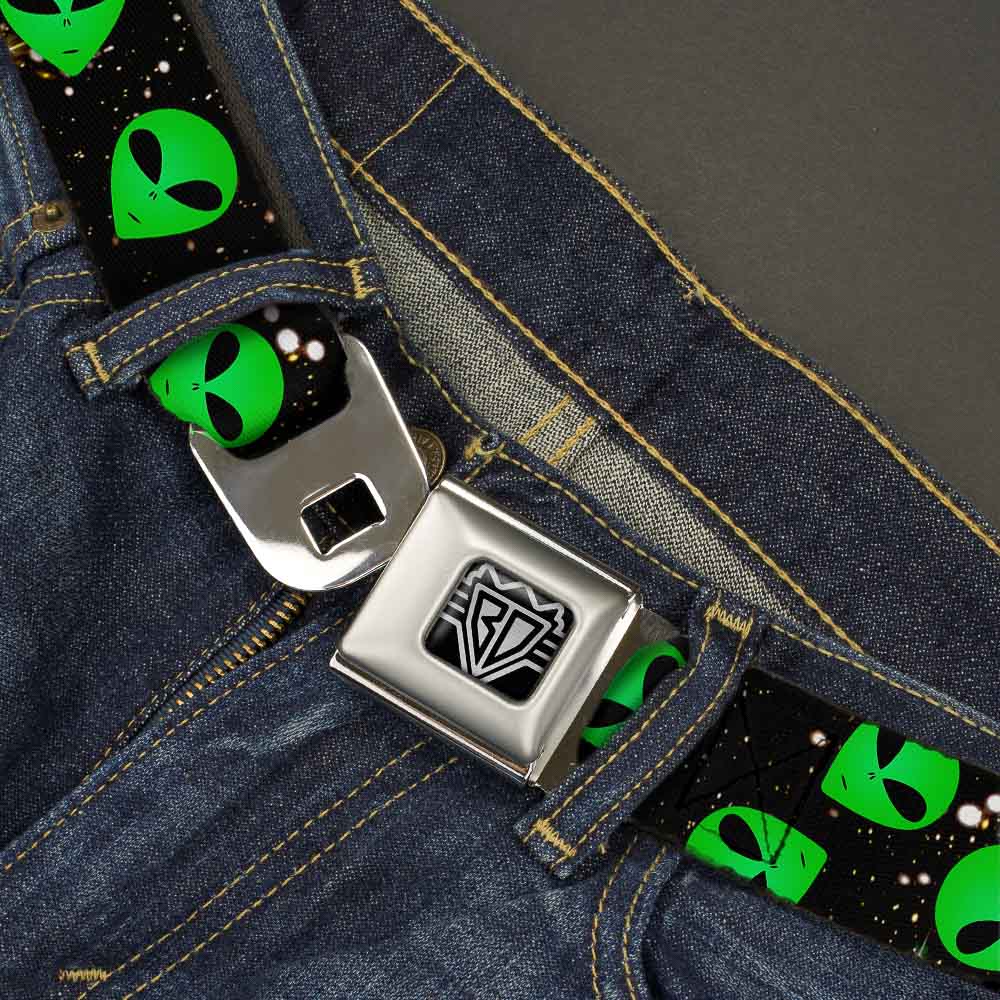 BD Wings Logo CLOSE-UP Full Color Black Silver Seatbelt Belt - Aliens Head Scattered Galaxy2/Green/Black Webbing Seatbelt Belts Buckle-Down