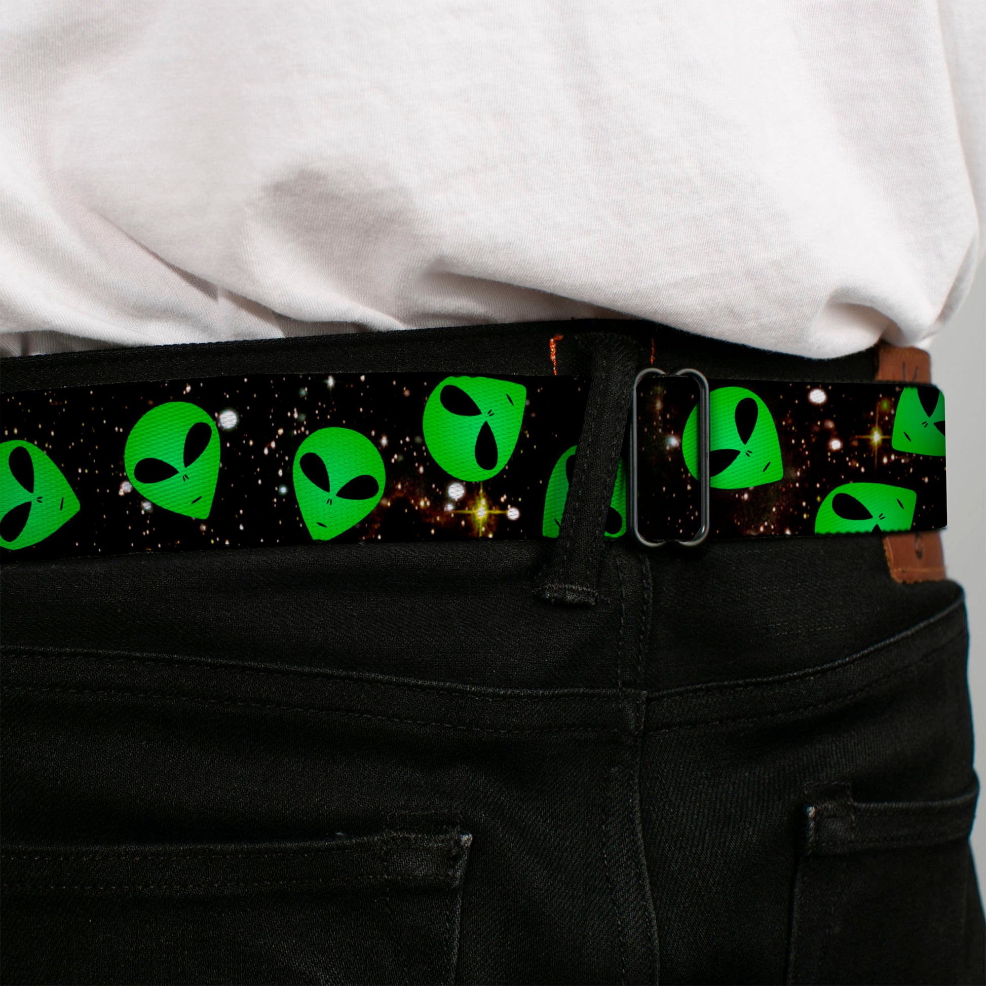 BD Wings Logo CLOSE-UP Full Color Black Silver Seatbelt Belt - Aliens Head Scattered Galaxy2/Green/Black Webbing Seatbelt Belts Buckle-Down