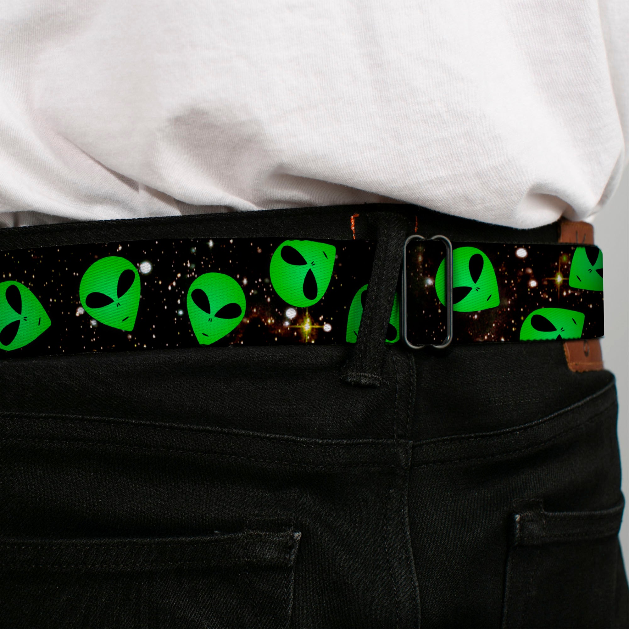 BD Wings Logo CLOSE-UP Full Color Black Silver Seatbelt Belt - Aliens Head Scattered Galaxy2/Green/Black Webbing Seatbelt Belts Buckle-Down