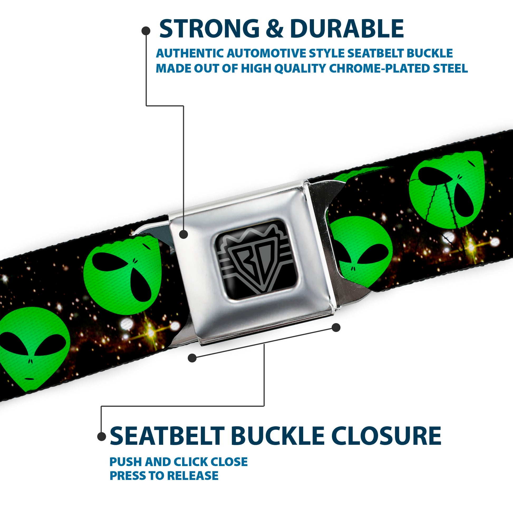 BD Wings Logo CLOSE-UP Full Color Black Silver Seatbelt Belt - Aliens Head Scattered Galaxy2/Green/Black Webbing Seatbelt Belts Buckle-Down