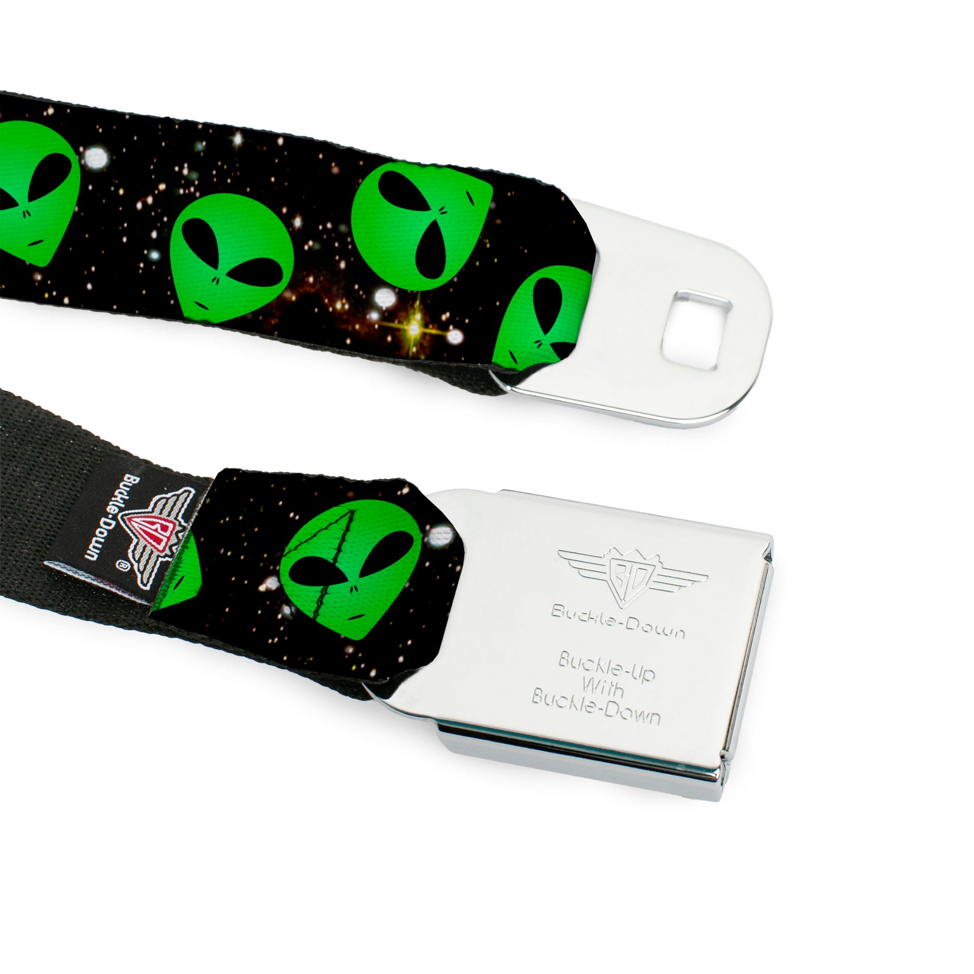 BD Wings Logo CLOSE-UP Full Color Black Silver Seatbelt Belt - Aliens Head Scattered Galaxy2/Green/Black Webbing Seatbelt Belts Buckle-Down
