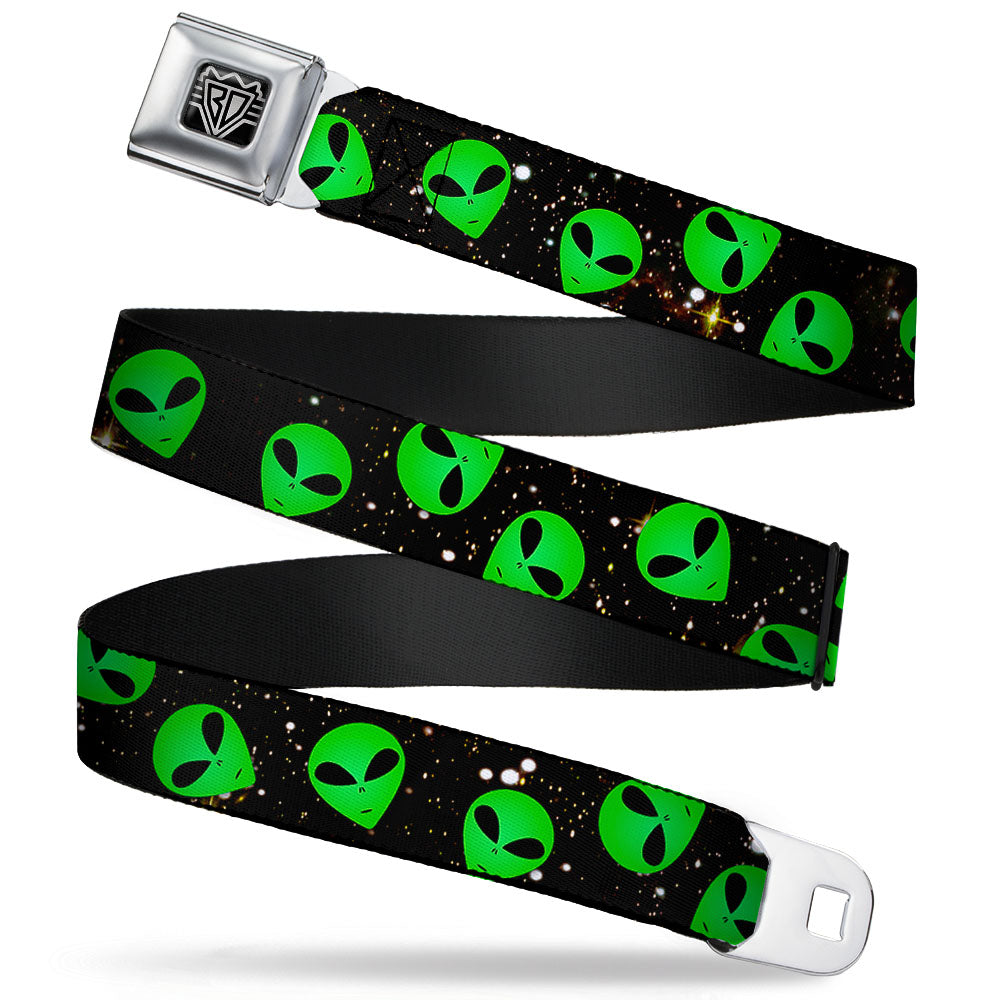 BD Wings Logo CLOSE-UP Full Color Black Silver Seatbelt Belt - Aliens Head Scattered Galaxy2/Green/Black Webbing Seatbelt Belts Buckle-Down