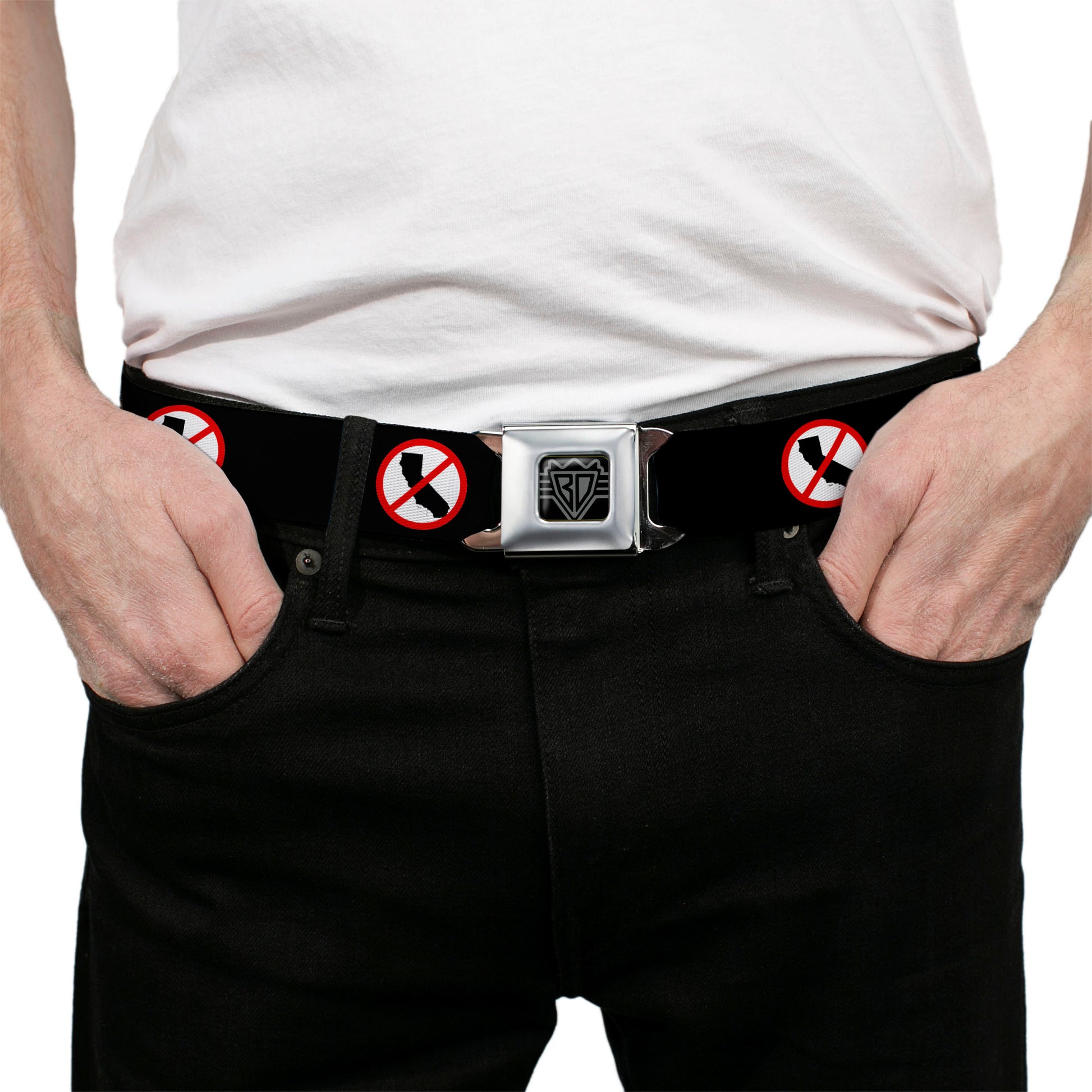 BD Wings Logo CLOSE-UP Full Color Black Silver Seatbelt Belt - Anti-California Logo Black/Red/White Webbing Seatbelt Belts Buckle-Down
