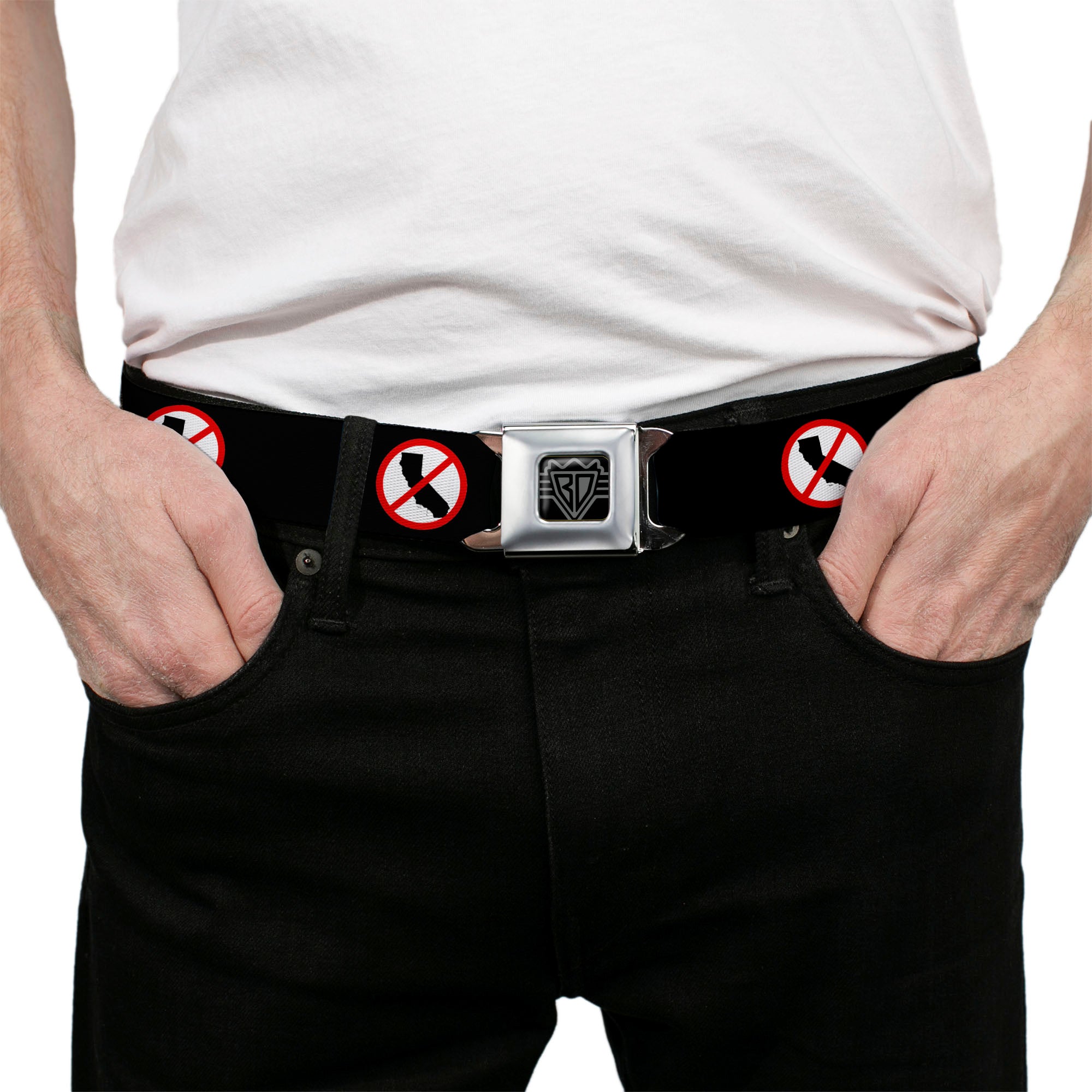 BD Wings Logo CLOSE-UP Full Color Black Silver Seatbelt Belt - Anti-California Logo Black/Red/White Webbing Seatbelt Belts Buckle-Down