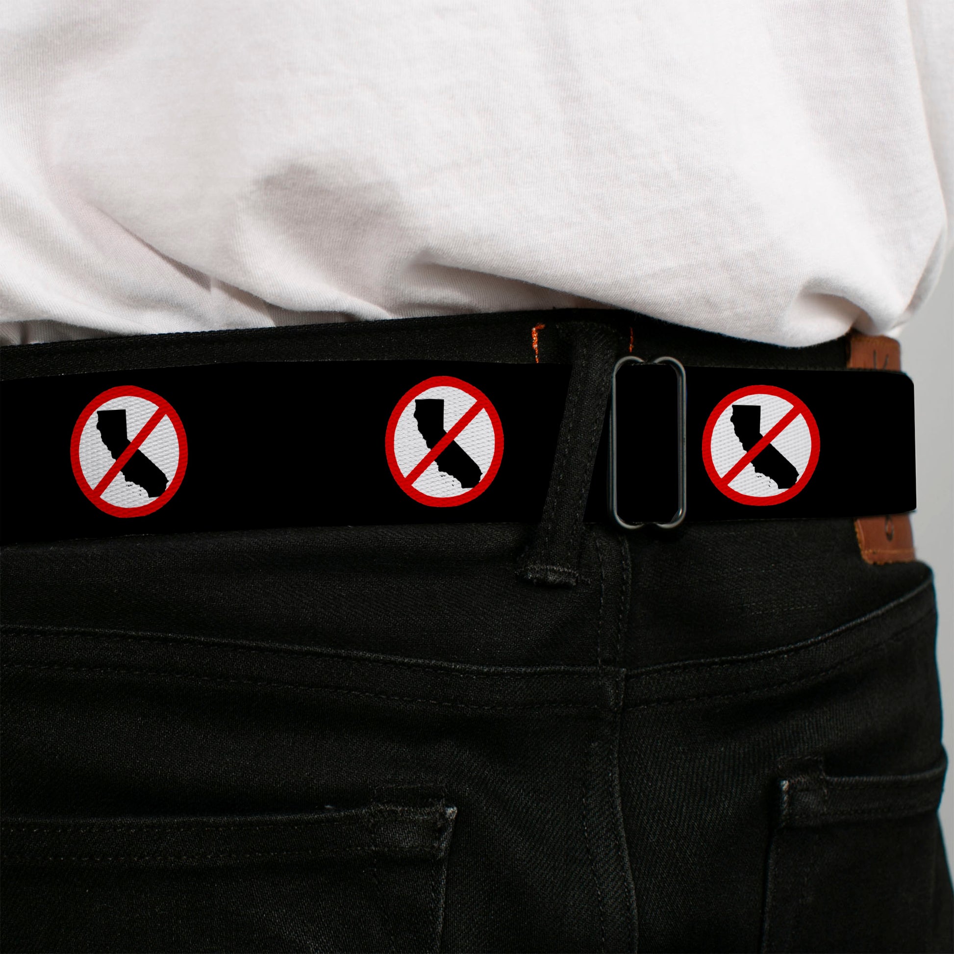 BD Wings Logo CLOSE-UP Full Color Black Silver Seatbelt Belt - Anti-California Logo Black/Red/White Webbing Seatbelt Belts Buckle-Down