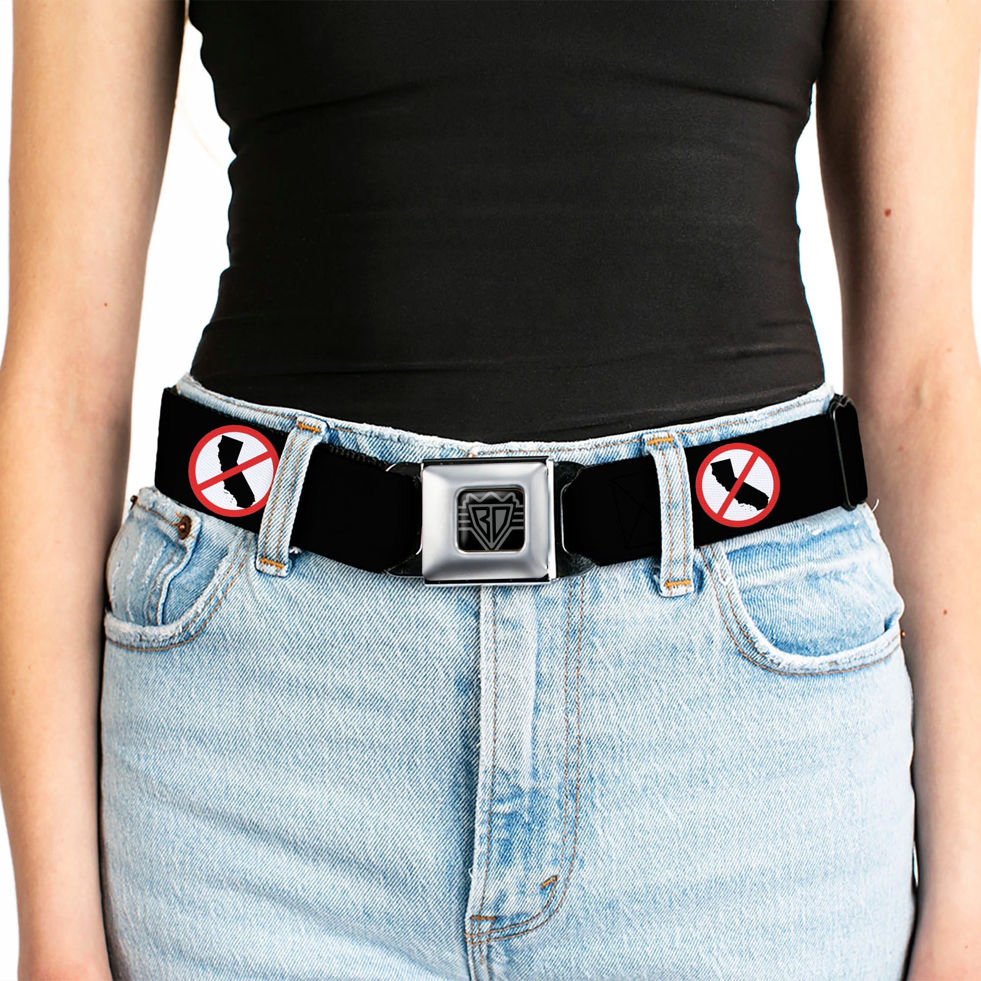 BD Wings Logo CLOSE-UP Full Color Black Silver Seatbelt Belt - Anti-California Logo Black/Red/White Webbing Seatbelt Belts Buckle-Down