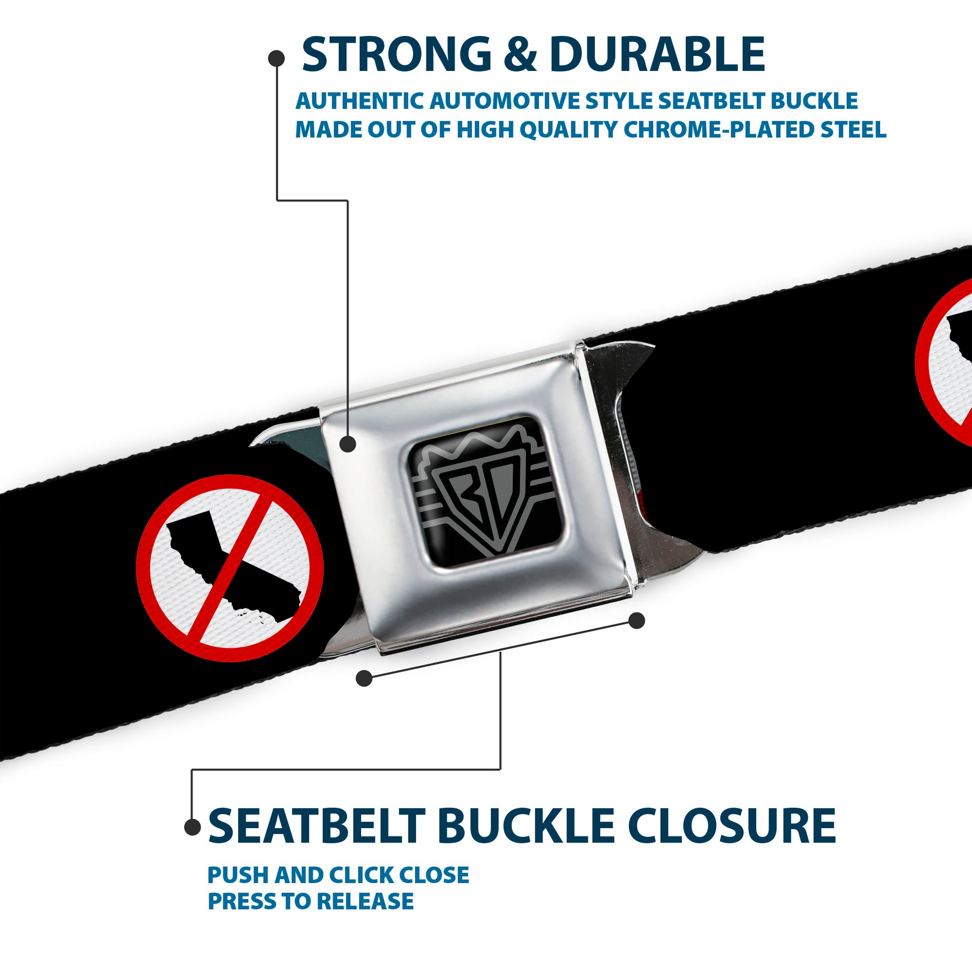 BD Wings Logo CLOSE-UP Full Color Black Silver Seatbelt Belt - Anti-California Logo Black/Red/White Webbing Seatbelt Belts Buckle-Down