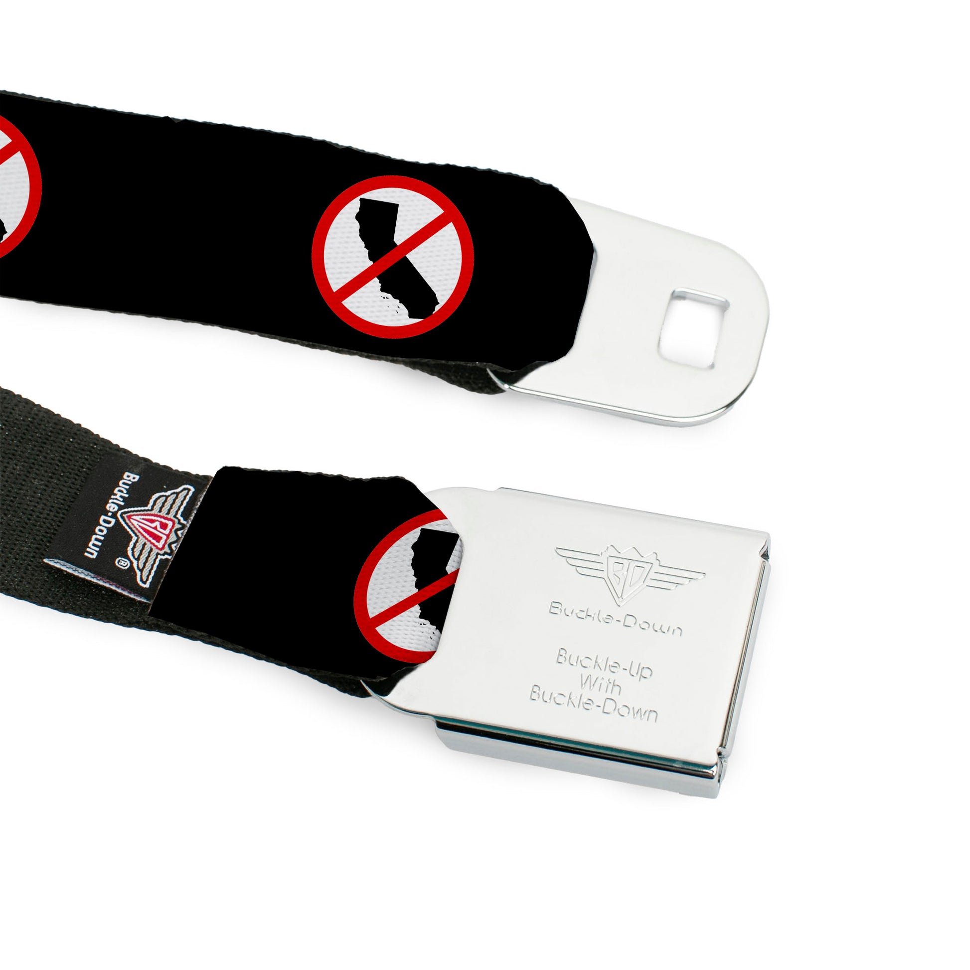 BD Wings Logo CLOSE-UP Full Color Black Silver Seatbelt Belt - Anti-California Logo Black/Red/White Webbing Seatbelt Belts Buckle-Down
