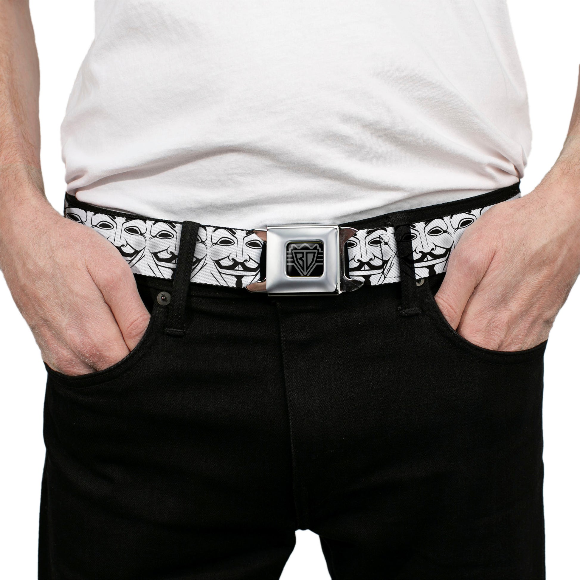 BD Wings Logo CLOSE-UP Full Color Black Silver Seatbelt Belt - Anonymous Face CLOSE-UP Repeat White/Black/Gray Webbing Seatbelt Belts Buckle-Down