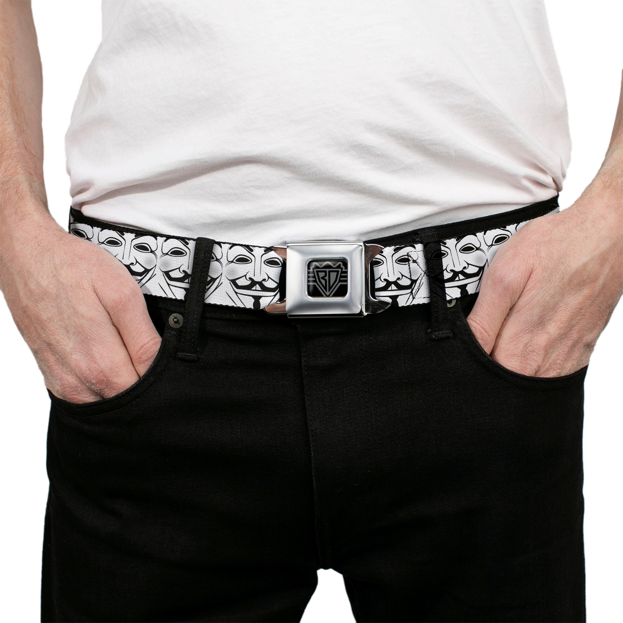 BD Wings Logo CLOSE-UP Full Color Black Silver Seatbelt Belt - Anonymous Face CLOSE-UP Repeat White/Black/Gray Webbing Seatbelt Belts Buckle-Down