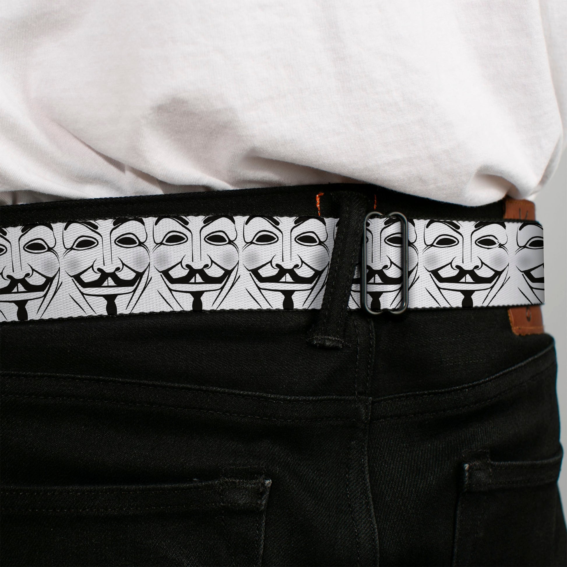 BD Wings Logo CLOSE-UP Full Color Black Silver Seatbelt Belt - Anonymous Face CLOSE-UP Repeat White/Black/Gray Webbing Seatbelt Belts Buckle-Down