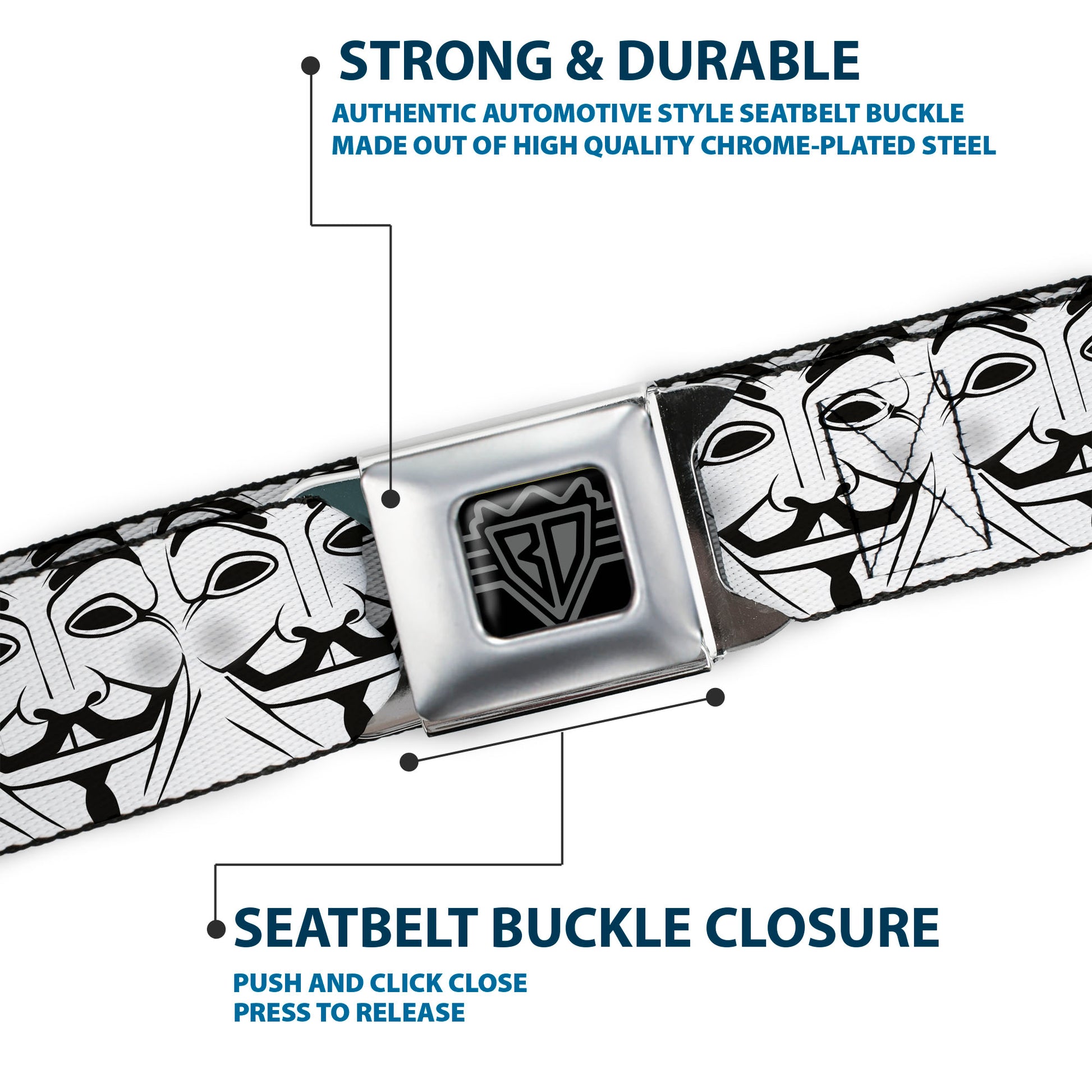 BD Wings Logo CLOSE-UP Full Color Black Silver Seatbelt Belt - Anonymous Face CLOSE-UP Repeat White/Black/Gray Webbing Seatbelt Belts Buckle-Down