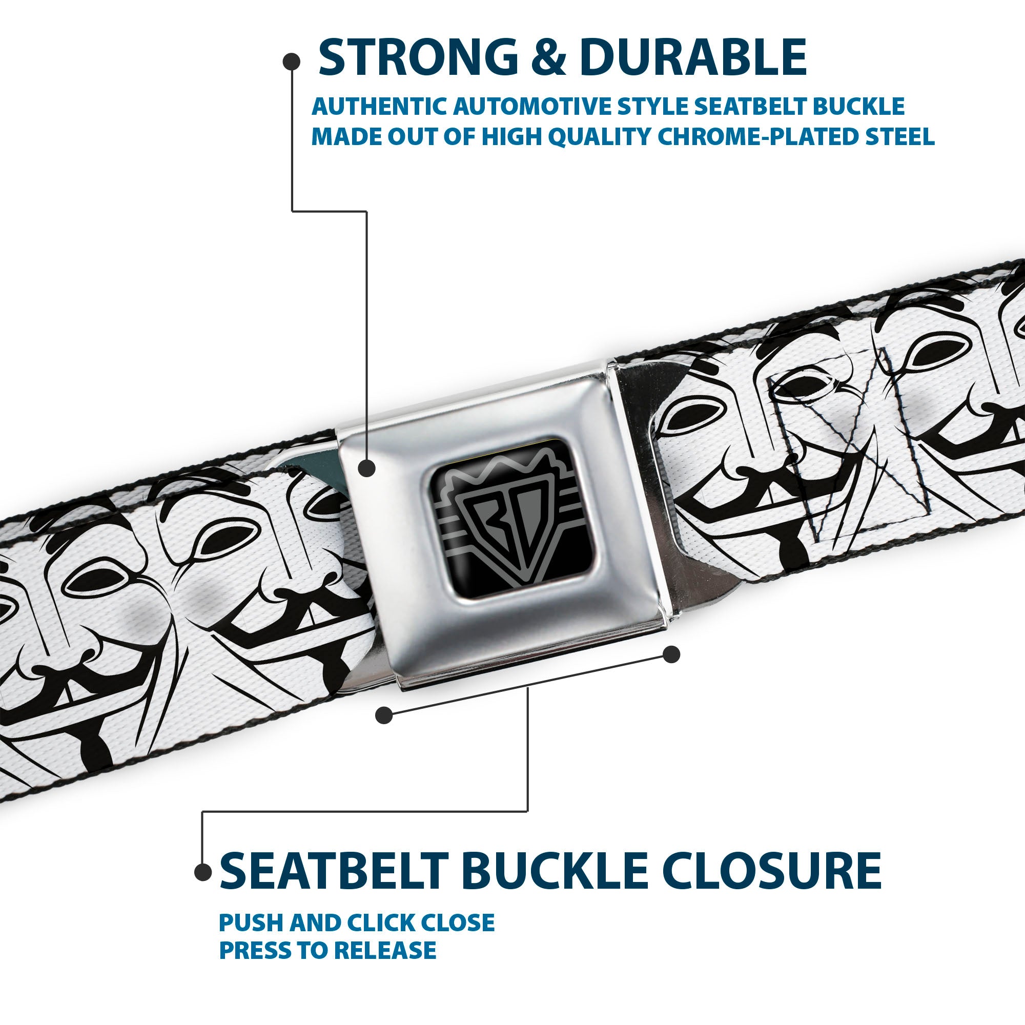 BD Wings Logo CLOSE-UP Full Color Black Silver Seatbelt Belt - Anonymous Face CLOSE-UP Repeat White/Black/Gray Webbing Seatbelt Belts Buckle-Down