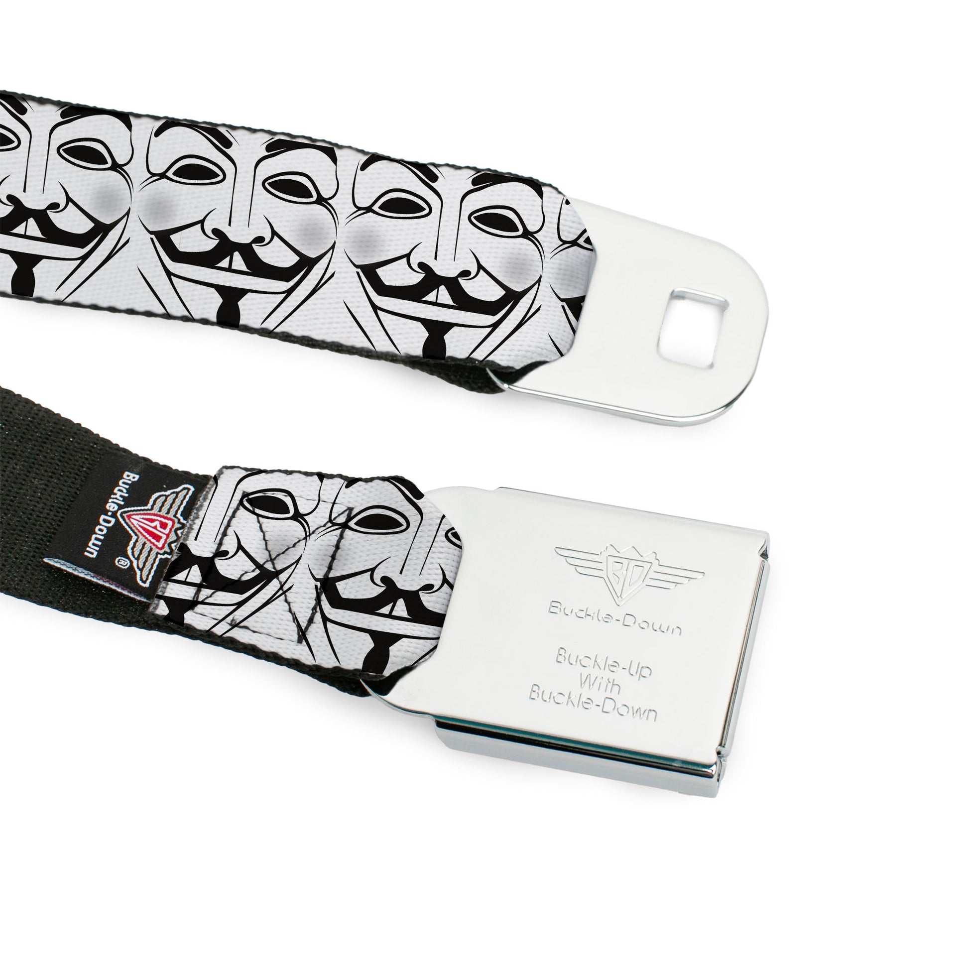 BD Wings Logo CLOSE-UP Full Color Black Silver Seatbelt Belt - Anonymous Face CLOSE-UP Repeat White/Black/Gray Webbing Seatbelt Belts Buckle-Down