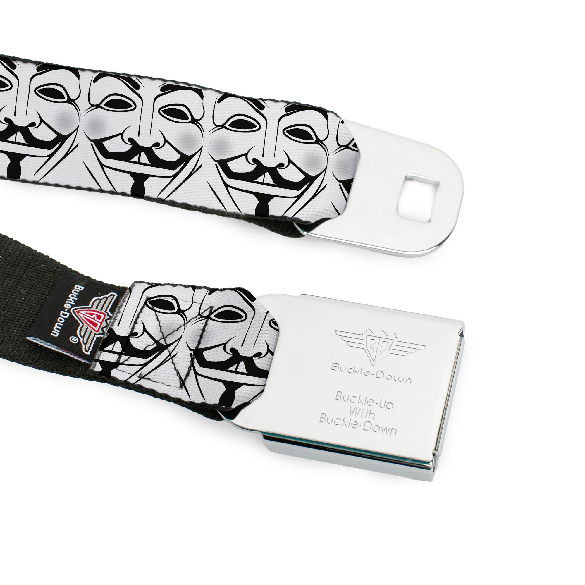 BD Wings Logo CLOSE-UP Full Color Black Silver Seatbelt Belt - Anonymous Face CLOSE-UP Repeat White/Black/Gray Webbing Seatbelt Belts Buckle-Down