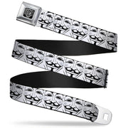 BD Wings Logo CLOSE-UP Full Color Black Silver Seatbelt Belt - Anonymous Face CLOSE-UP Repeat White/Black/Gray Webbing Seatbelt Belts Buckle-Down