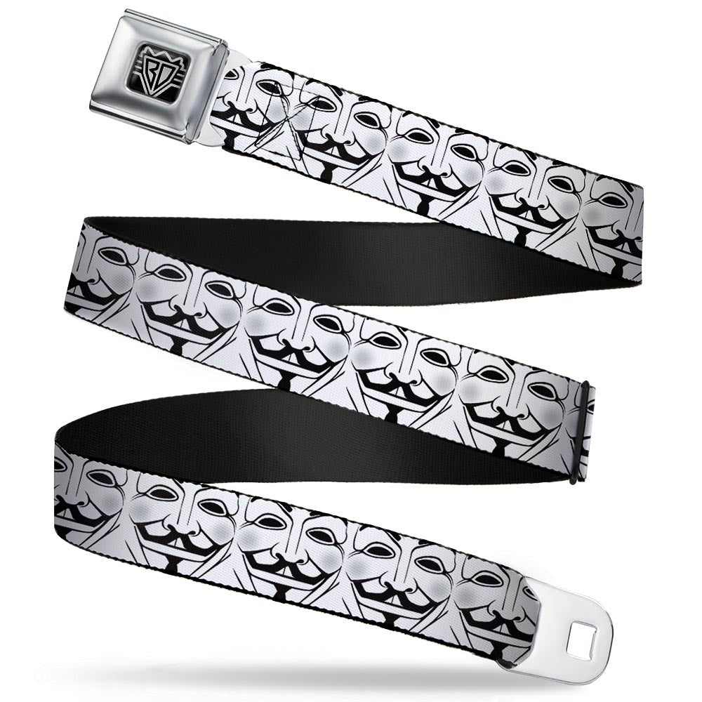 BD Wings Logo CLOSE-UP Full Color Black Silver Seatbelt Belt - Anonymous Face CLOSE-UP Repeat White/Black/Gray Webbing Seatbelt Belts Buckle-Down