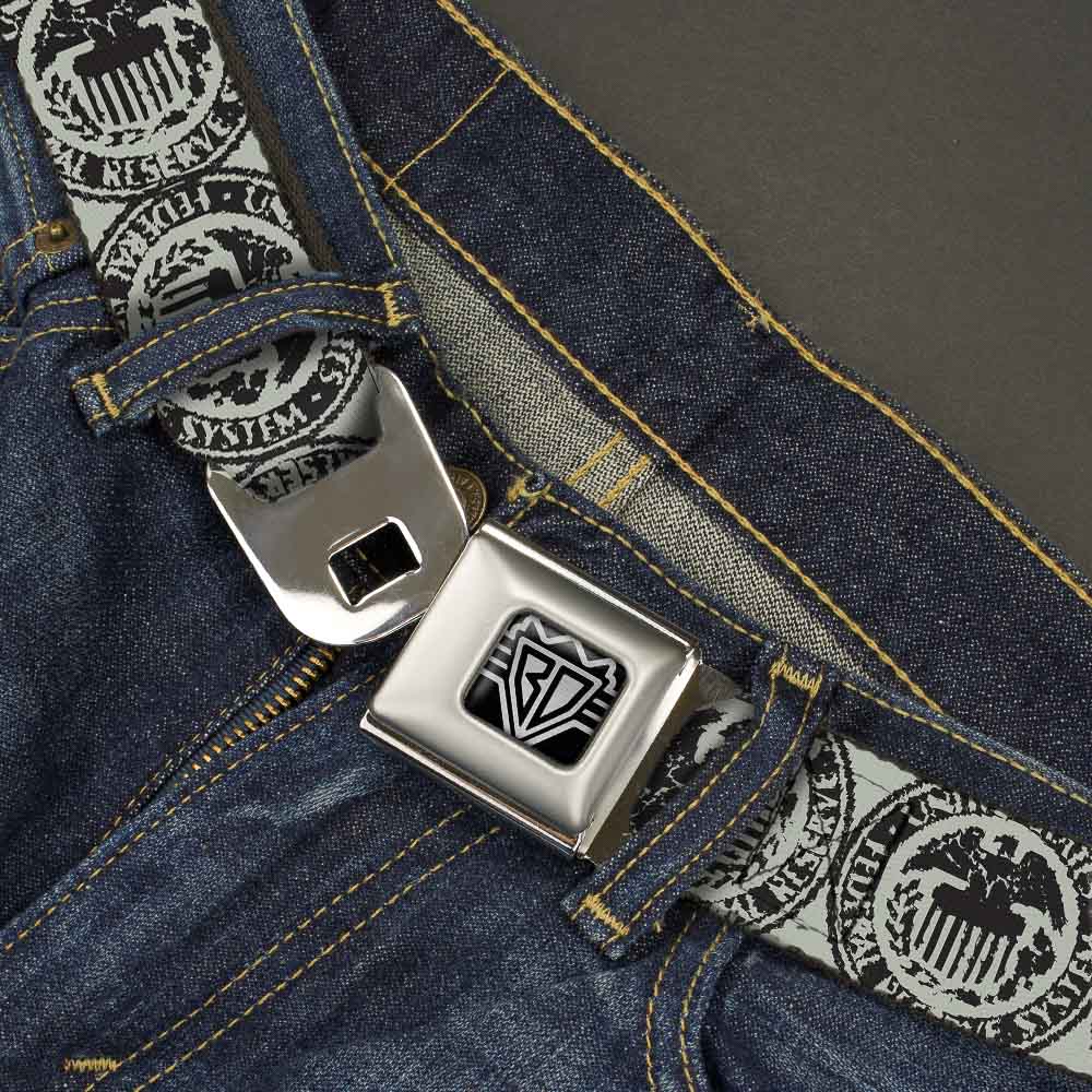 BD Wings Logo CLOSE-UP Full Color Black Silver Seatbelt Belt - Americana Federal Reserve Seal Weathered Gray/Black Webbing Seatbelt Belts Buckle-Down
