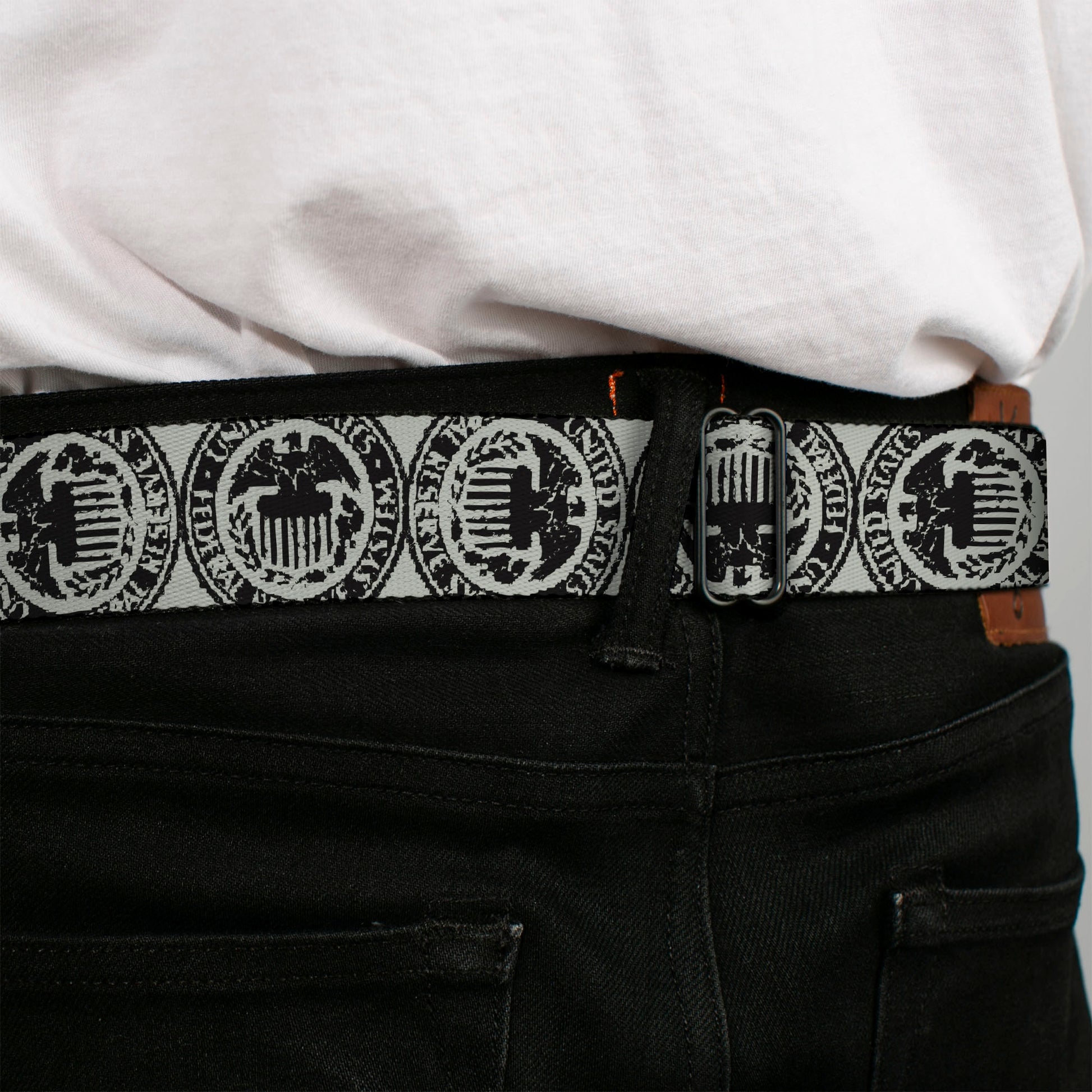 BD Wings Logo CLOSE-UP Full Color Black Silver Seatbelt Belt - Americana Federal Reserve Seal Weathered Gray/Black Webbing Seatbelt Belts Buckle-Down