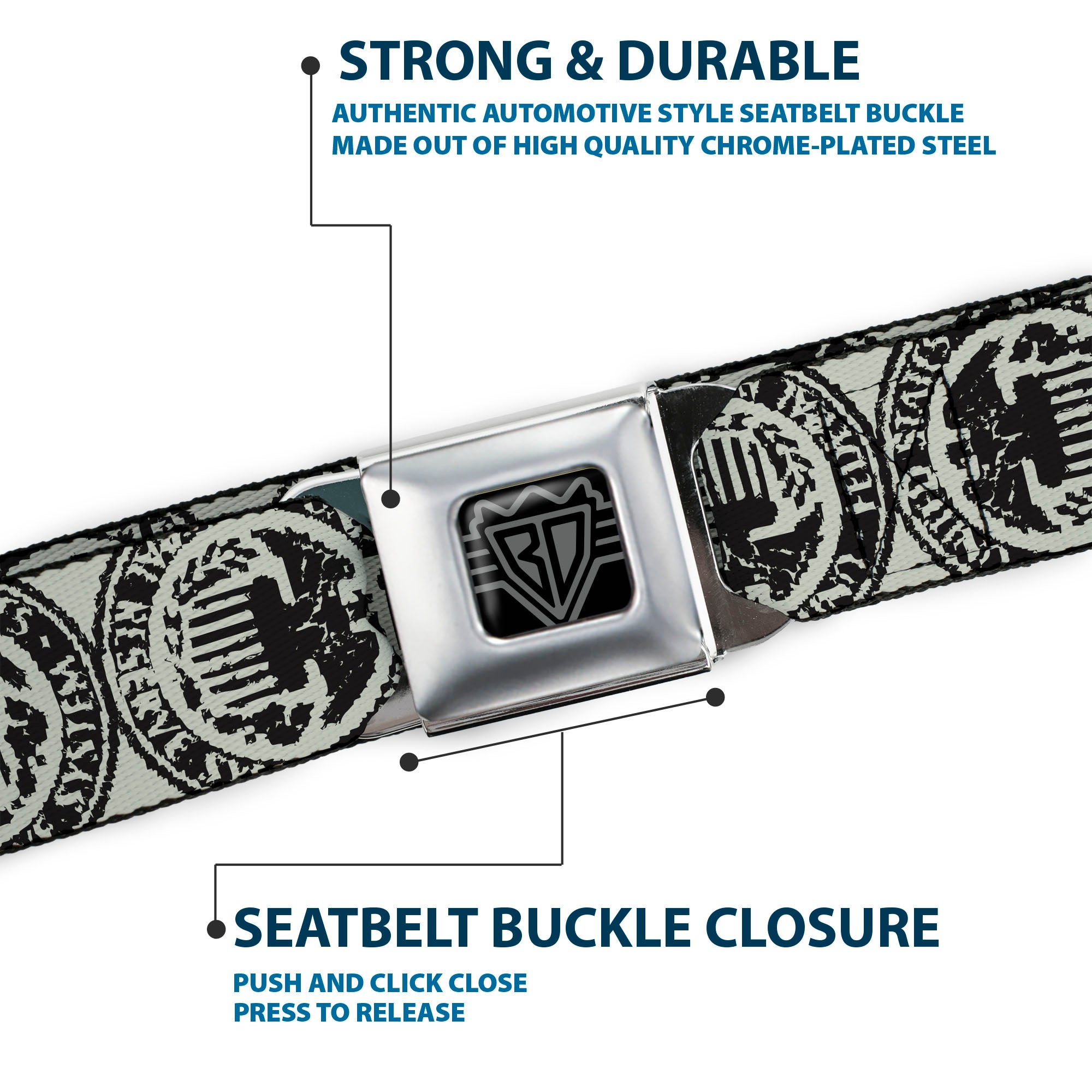 BD Wings Logo CLOSE-UP Full Color Black Silver Seatbelt Belt - Americana Federal Reserve Seal Weathered Gray/Black Webbing Seatbelt Belts Buckle-Down