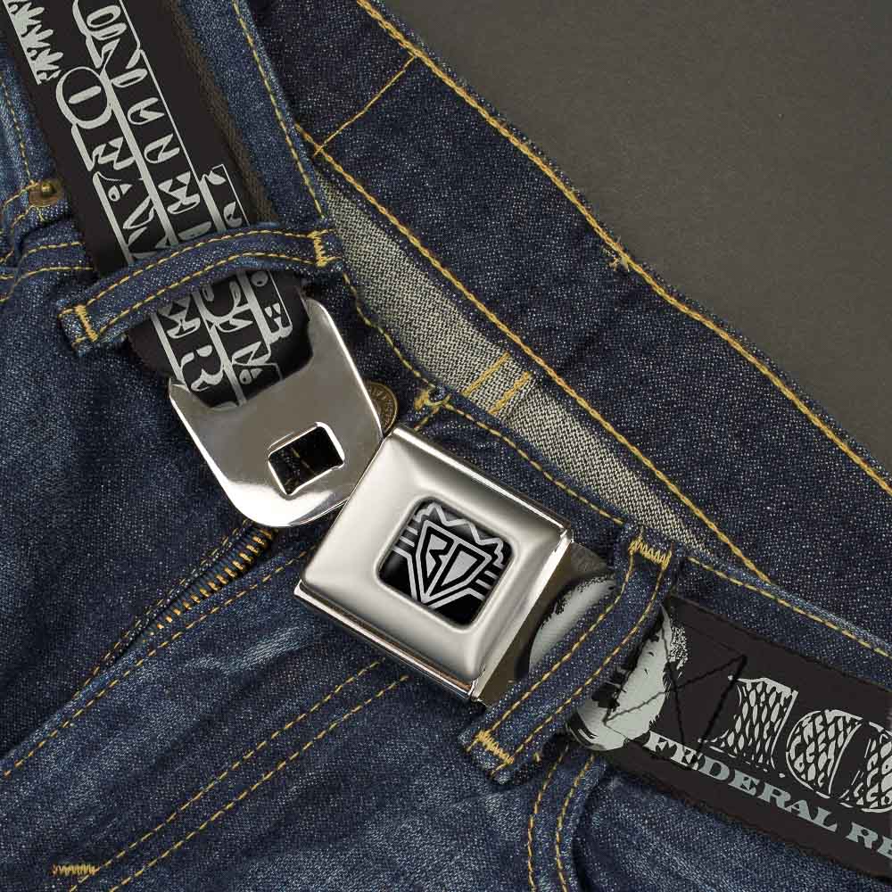 BD Wings Logo CLOSE-UP Full Color Black Silver Seatbelt Belt - Americana One Hundred Dollar Bill Elements Black/Gray Webbing Seatbelt Belts Buckle-Down