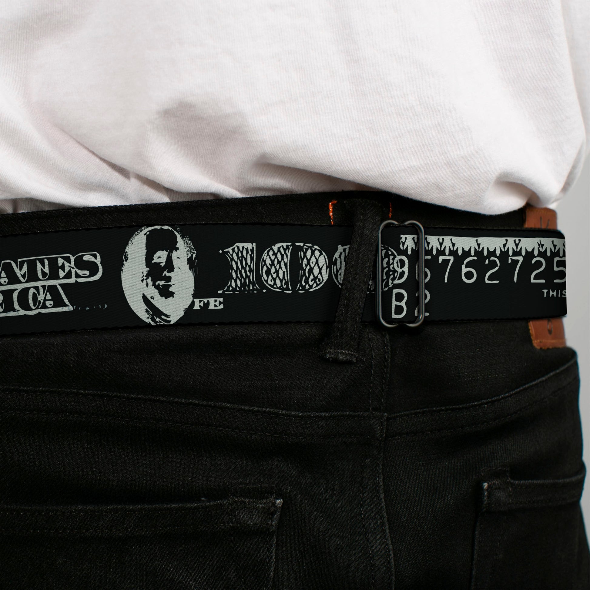 BD Wings Logo CLOSE-UP Full Color Black Silver Seatbelt Belt - Americana One Hundred Dollar Bill Elements Black/Gray Webbing Seatbelt Belts Buckle-Down