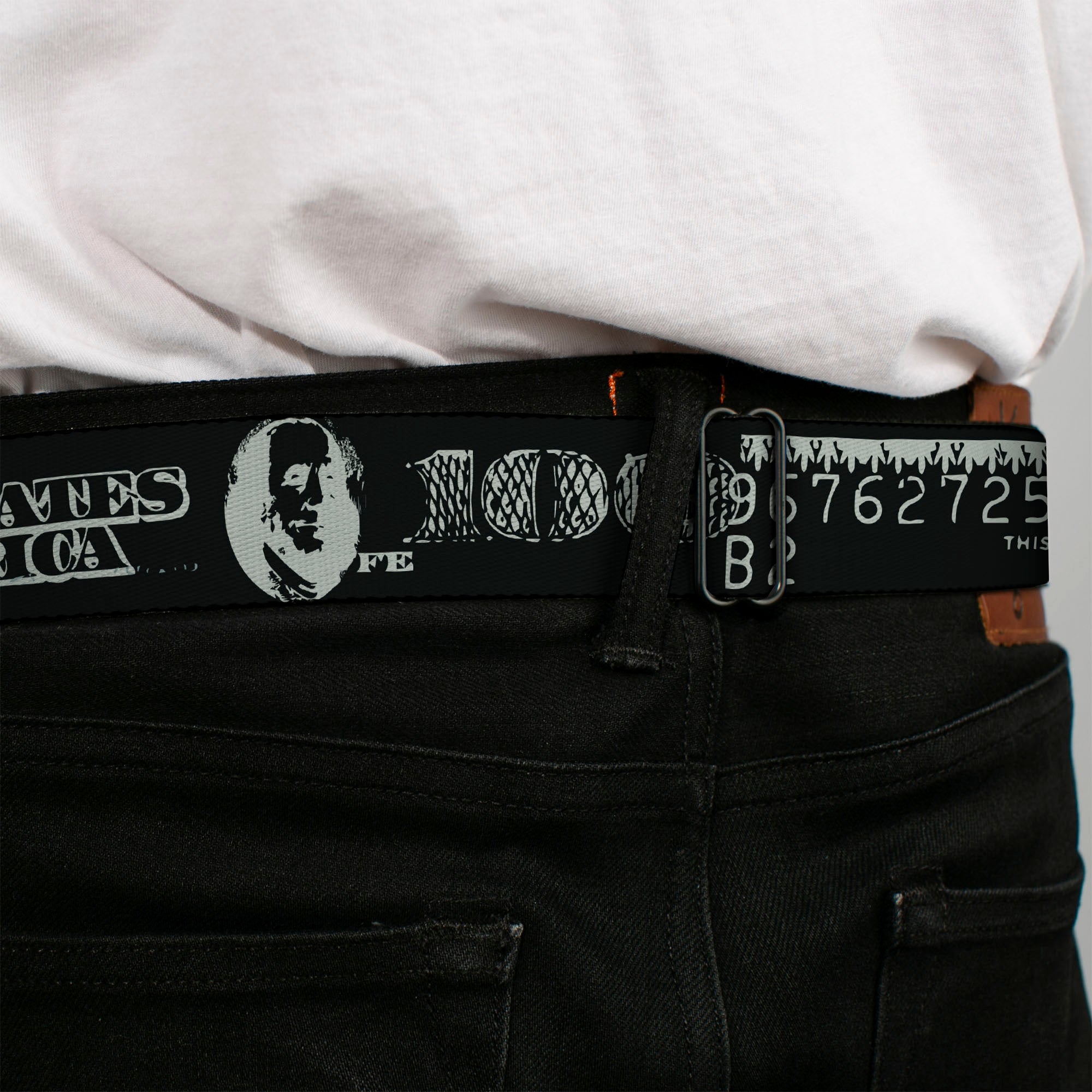 BD Wings Logo CLOSE-UP Full Color Black Silver Seatbelt Belt - Americana One Hundred Dollar Bill Elements Black/Gray Webbing Seatbelt Belts Buckle-Down