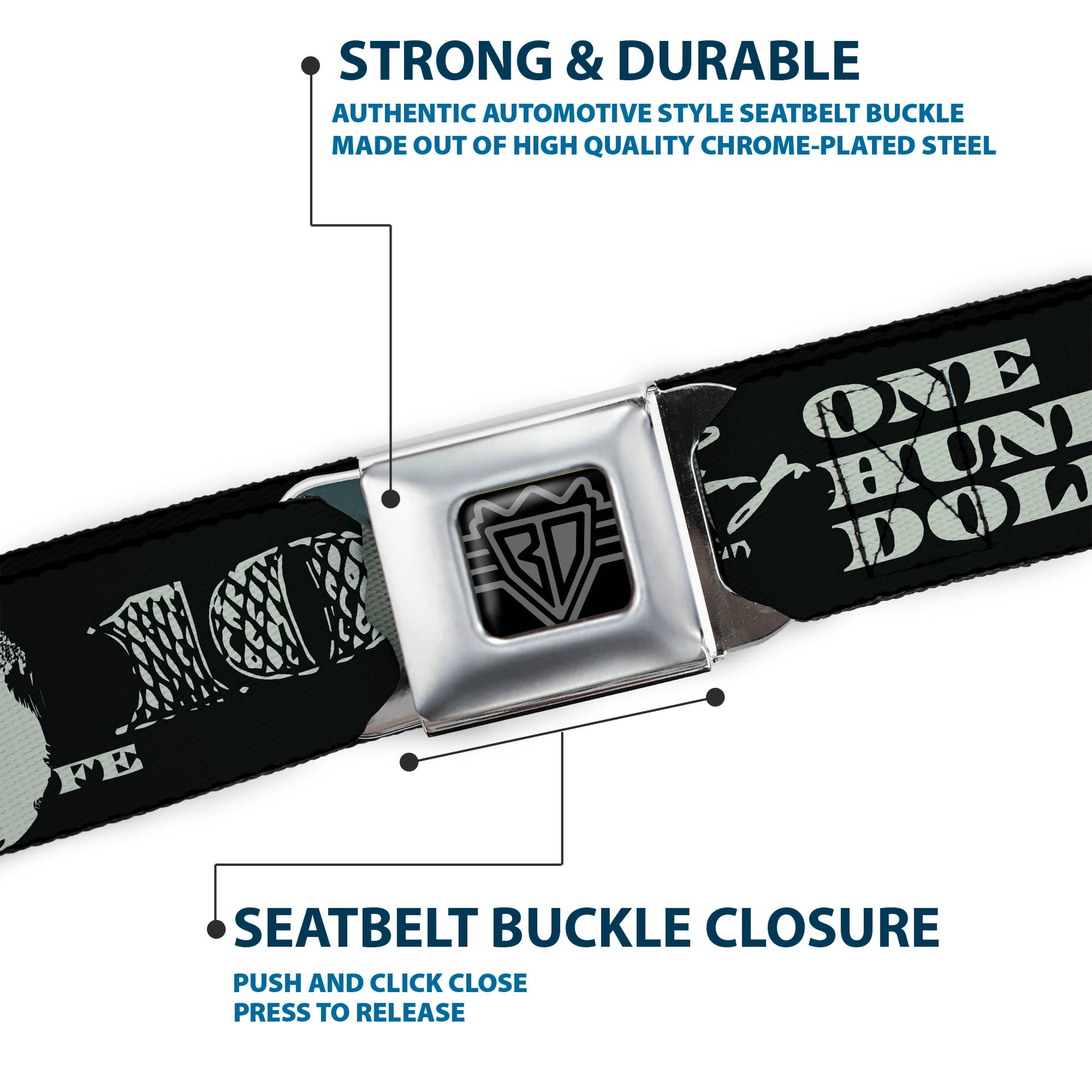 BD Wings Logo CLOSE-UP Full Color Black Silver Seatbelt Belt - Americana One Hundred Dollar Bill Elements Black/Gray Webbing Seatbelt Belts Buckle-Down