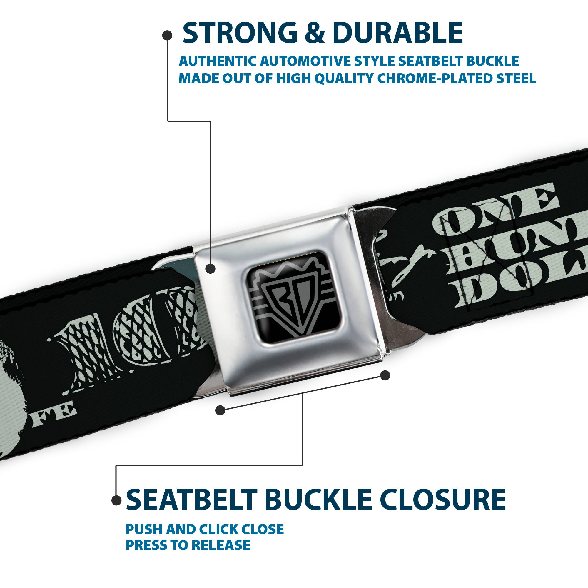 BD Wings Logo CLOSE-UP Full Color Black Silver Seatbelt Belt - Americana One Hundred Dollar Bill Elements Black/Gray Webbing Seatbelt Belts Buckle-Down
