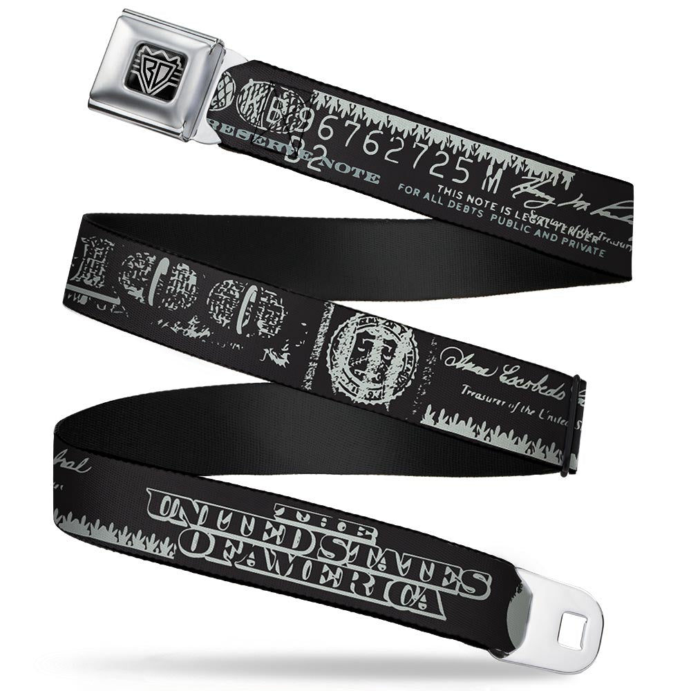 BD Wings Logo CLOSE-UP Full Color Black Silver Seatbelt Belt - Americana One Hundred Dollar Bill Elements Black/Gray Webbing Seatbelt Belts Buckle-Down