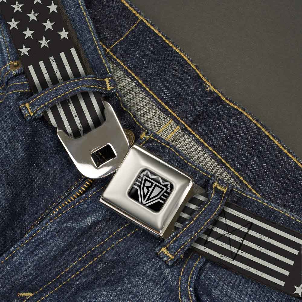 BD Wings Logo CLOSE-UP Full Color Black Silver Seatbelt Belt - Americana Stars & Stripes2 Weathered Black/Gray Webbing Seatbelt Belts Buckle-Down