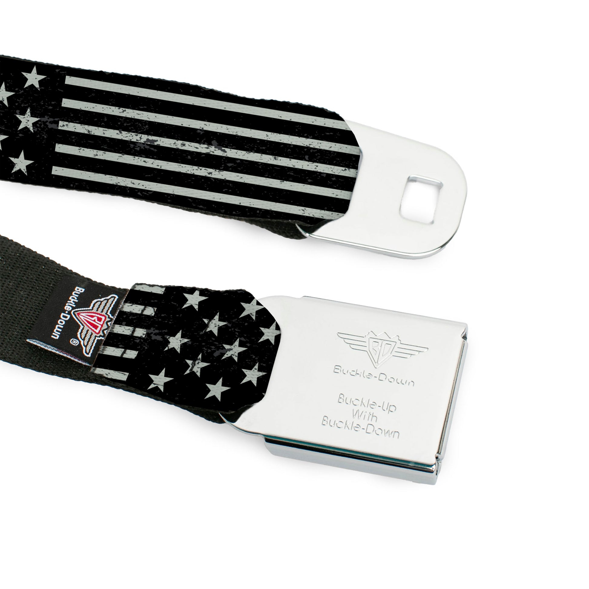BD Wings Logo CLOSE-UP Full Color Black Silver Seatbelt Belt - Americana Stars & Stripes2 Weathered Black/Gray Webbing Seatbelt Belts Buckle-Down