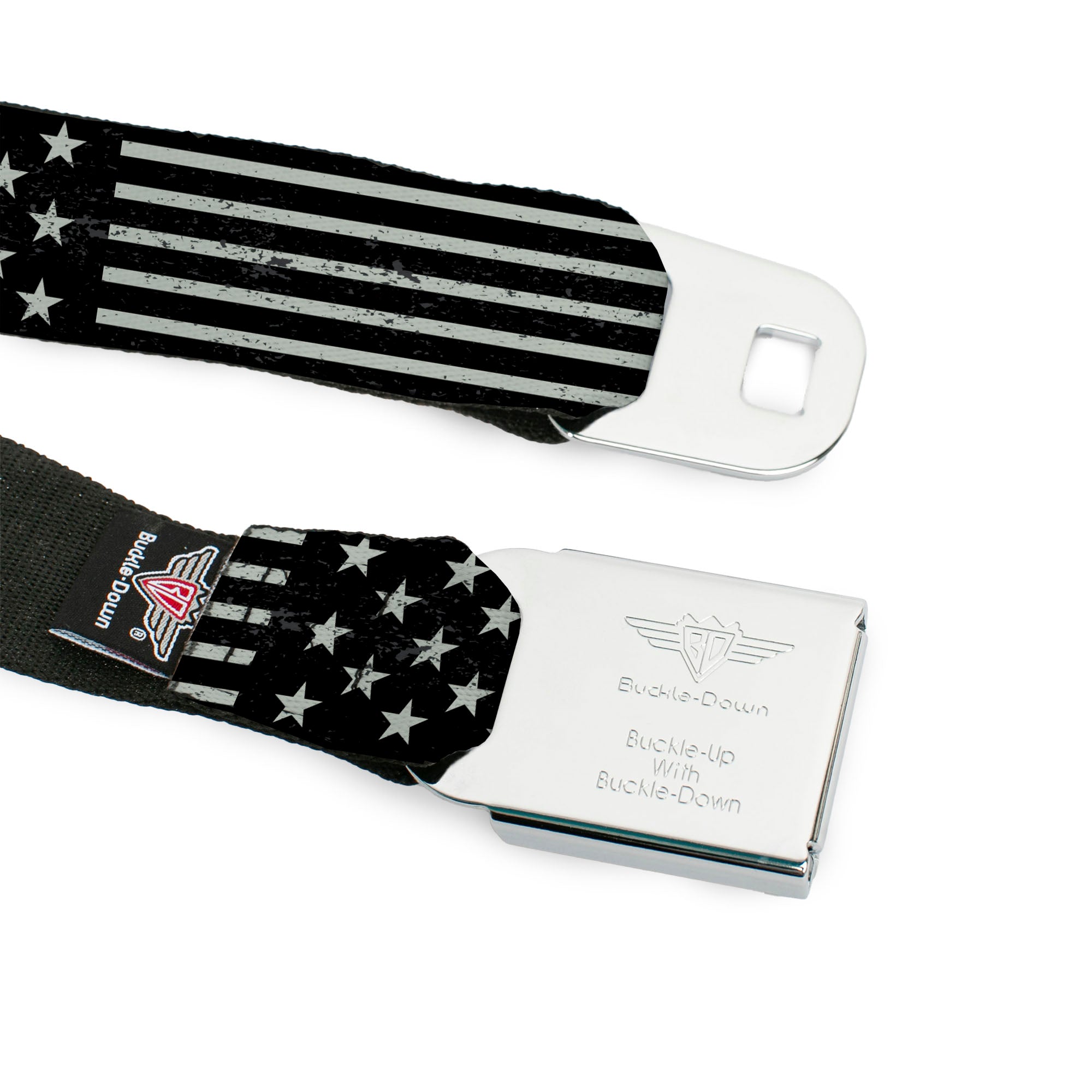 BD Wings Logo CLOSE-UP Full Color Black Silver Seatbelt Belt - Americana Stars & Stripes2 Weathered Black/Gray Webbing Seatbelt Belts Buckle-Down