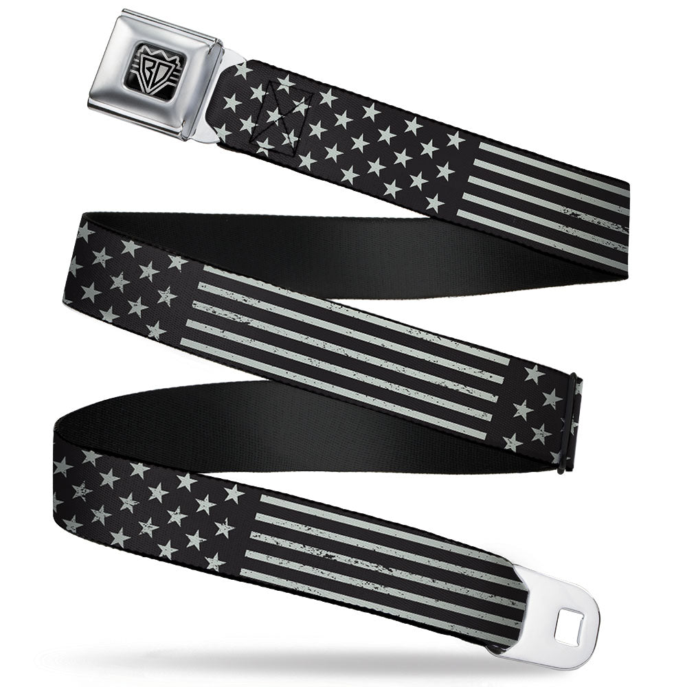 BD Wings Logo CLOSE-UP Full Color Black Silver Seatbelt Belt - Americana Stars & Stripes2 Weathered Black/Gray Webbing Seatbelt Belts Buckle-Down