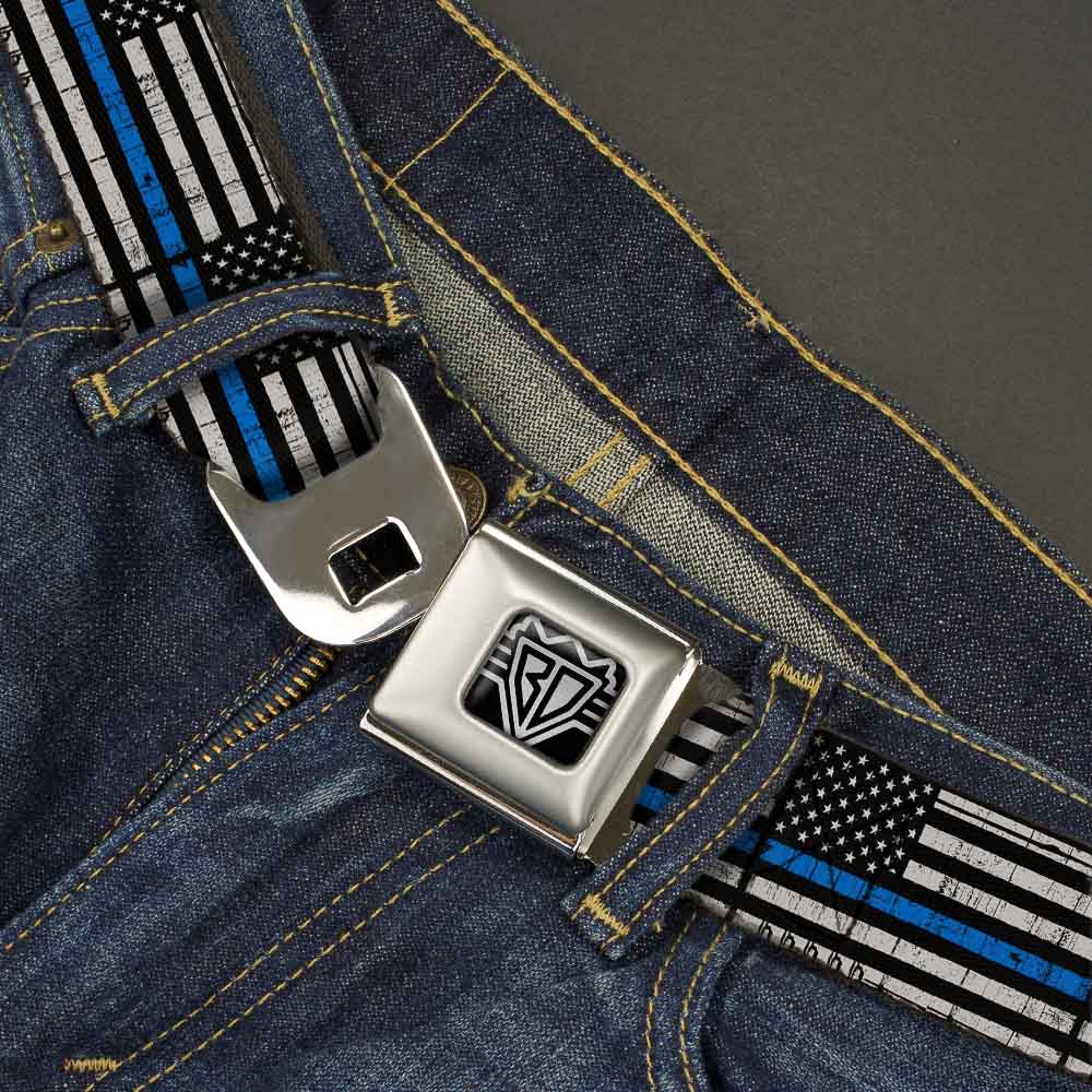 BD Wings Logo CLOSE-UP Black/Silver Seatbelt Belt - Thin Blue Line Flag Weathered Black/Gray/Blue Webbing Seatbelt Belts Buckle-Down