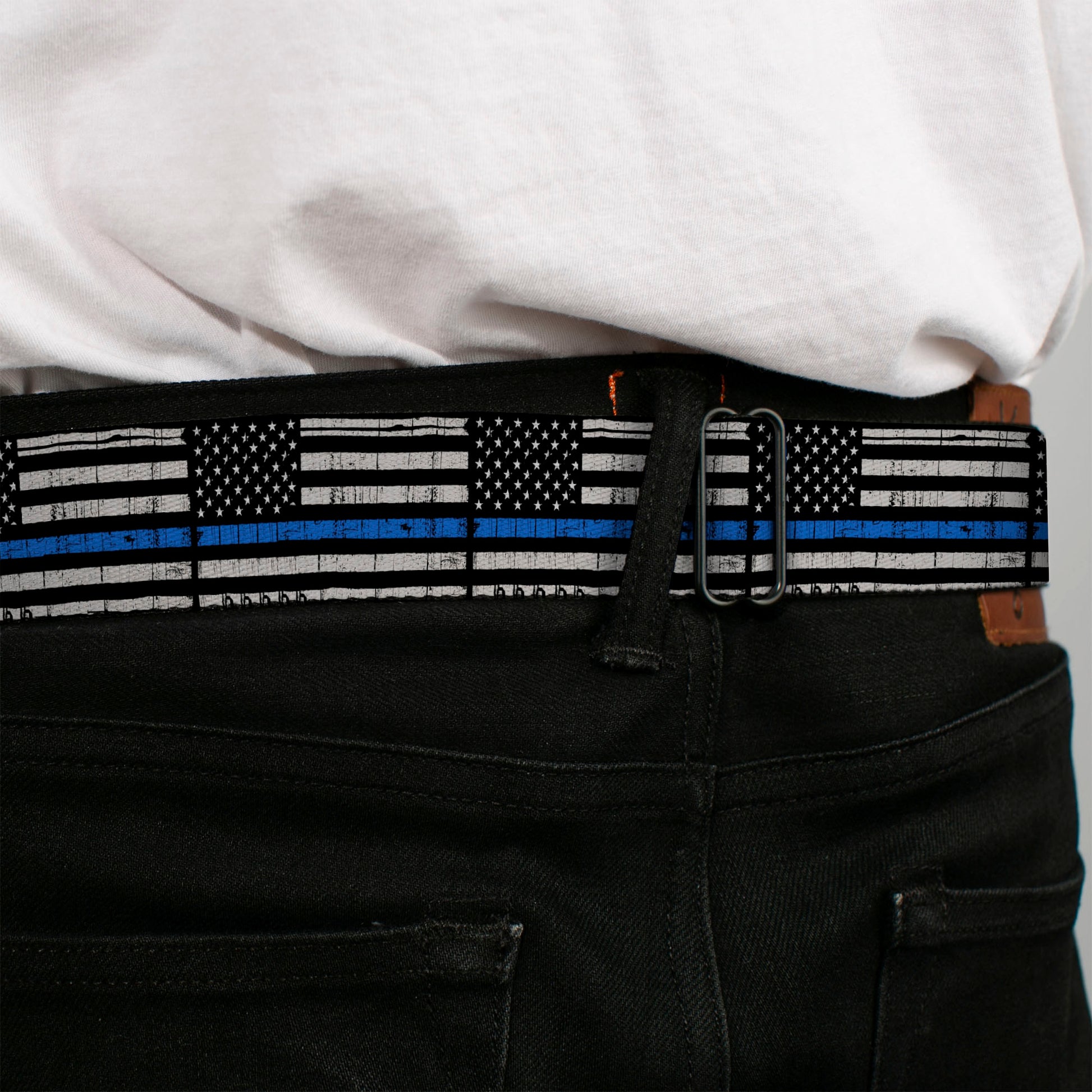 BD Wings Logo CLOSE-UP Black/Silver Seatbelt Belt - Thin Blue Line Flag Weathered Black/Gray/Blue Webbing Seatbelt Belts Buckle-Down