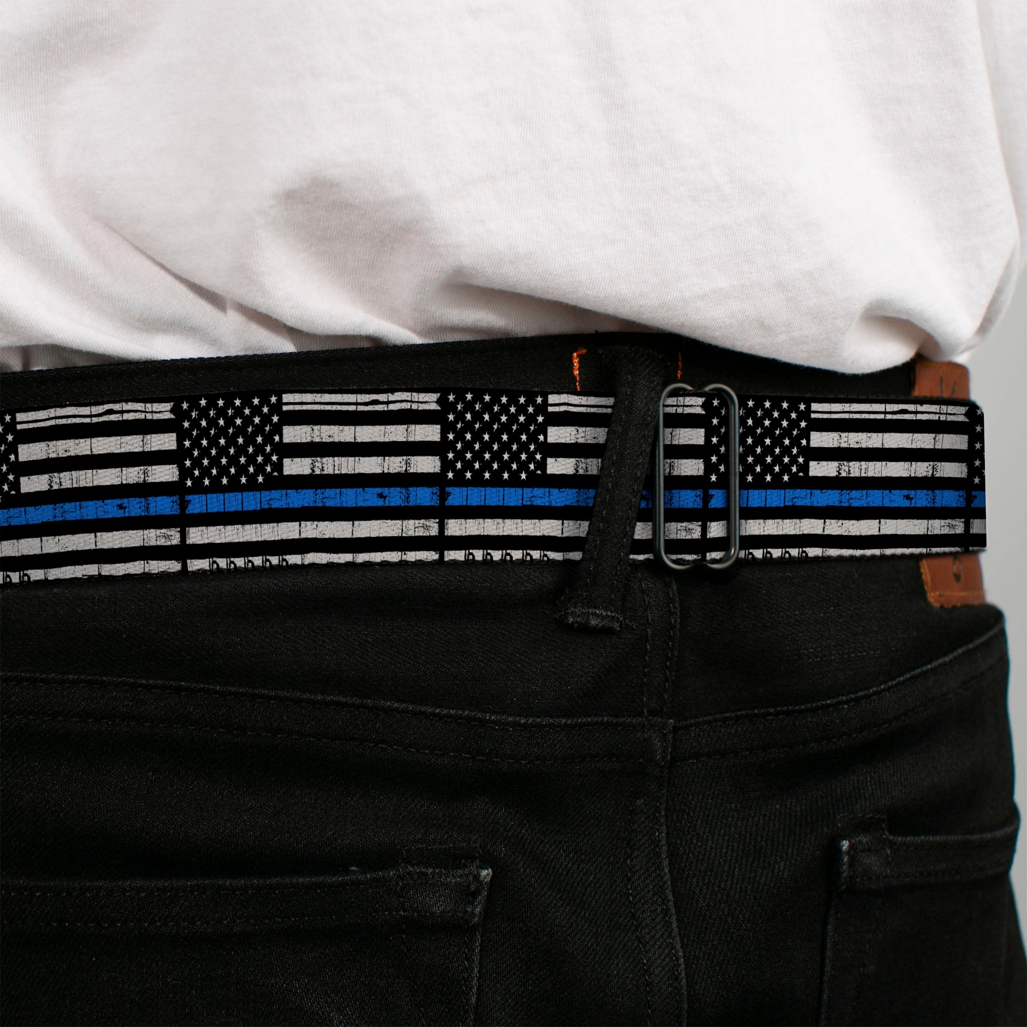 BD Wings Logo CLOSE-UP Black/Silver Seatbelt Belt - Thin Blue Line Flag Weathered Black/Gray/Blue Webbing Seatbelt Belts Buckle-Down