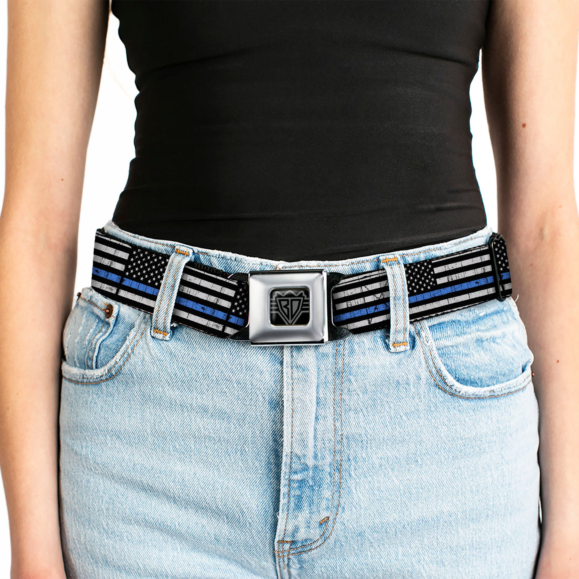 BD Wings Logo CLOSE-UP Black/Silver Seatbelt Belt - Thin Blue Line Flag Weathered Black/Gray/Blue Webbing Seatbelt Belts Buckle-Down