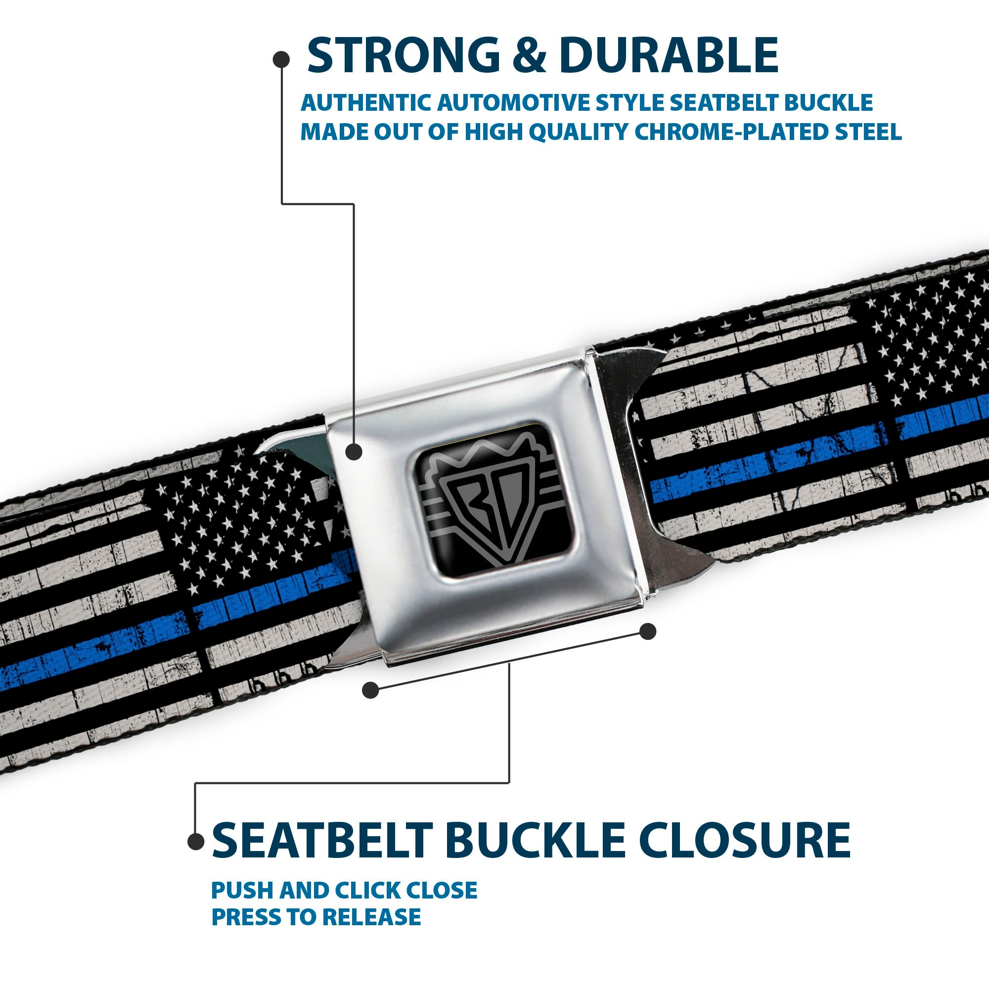 BD Wings Logo CLOSE-UP Black/Silver Seatbelt Belt - Thin Blue Line Flag Weathered Black/Gray/Blue Webbing Seatbelt Belts Buckle-Down